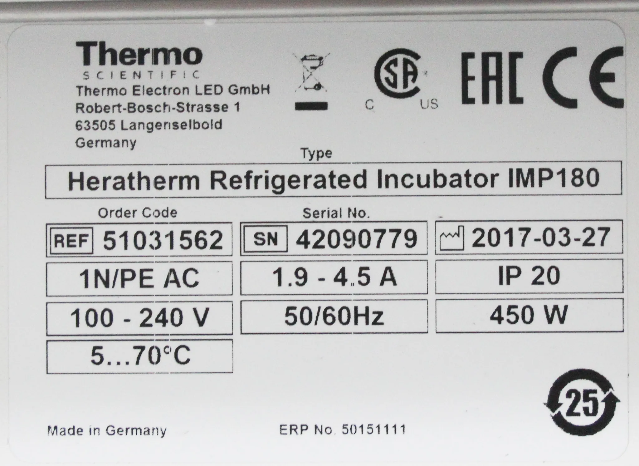 Thermo Scientific HeraTherm Refrigerated Incubator IMP180 Cat# 51031562 Qty 1