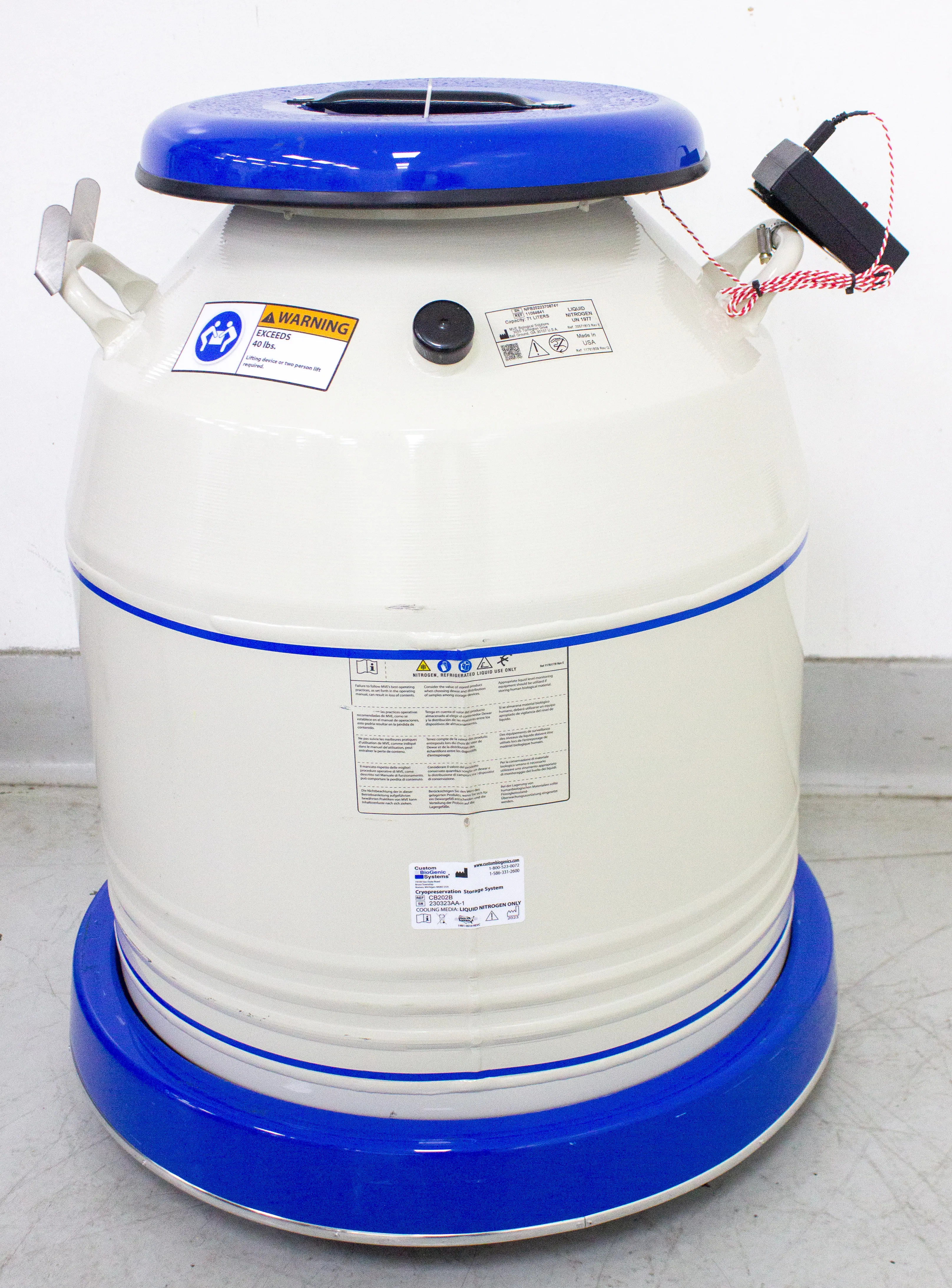 Custom BioGenic, CB202B Cryopreservation Storage System with BAT-1B LN2 Alarm, 71 Liter