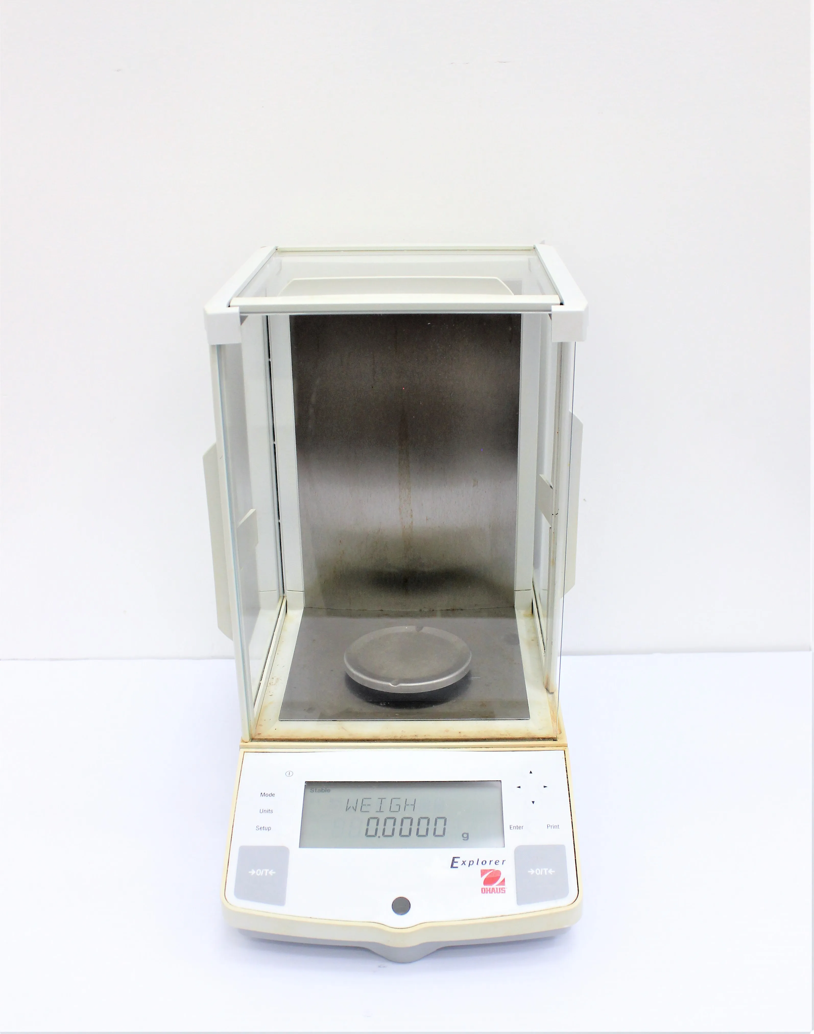 OHAUS E11140 Explorer Analytical Series Digital Balance Scale 110g Capacity 0.01 mg Readability 3.5/ 9 Pan Size 120V, 12 V-1A Power