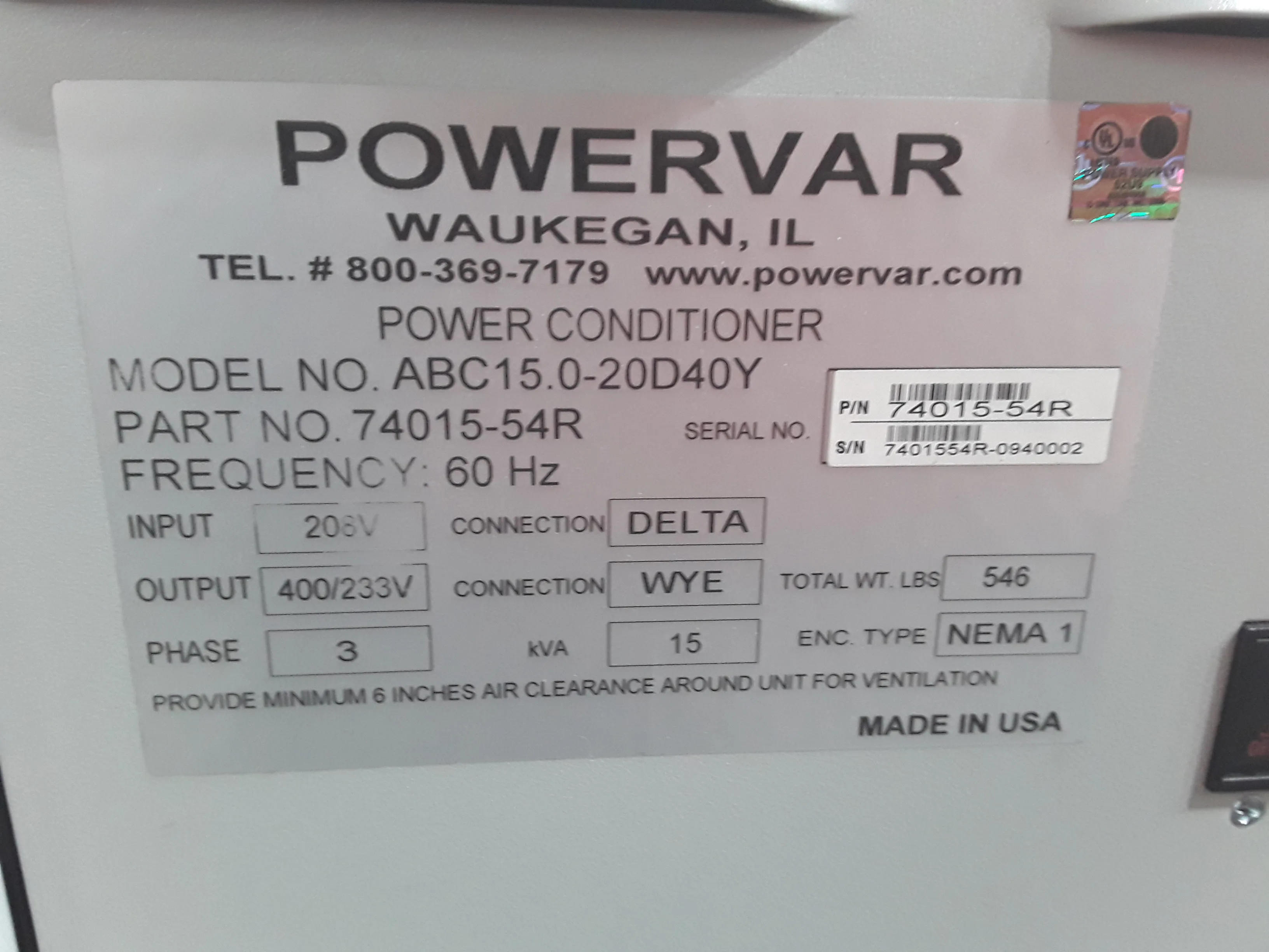 Used AMETEK Powervar Global Power Interface 2000 Power Conditioners - ABC15.0-20D40Y P/N: 74015-51R