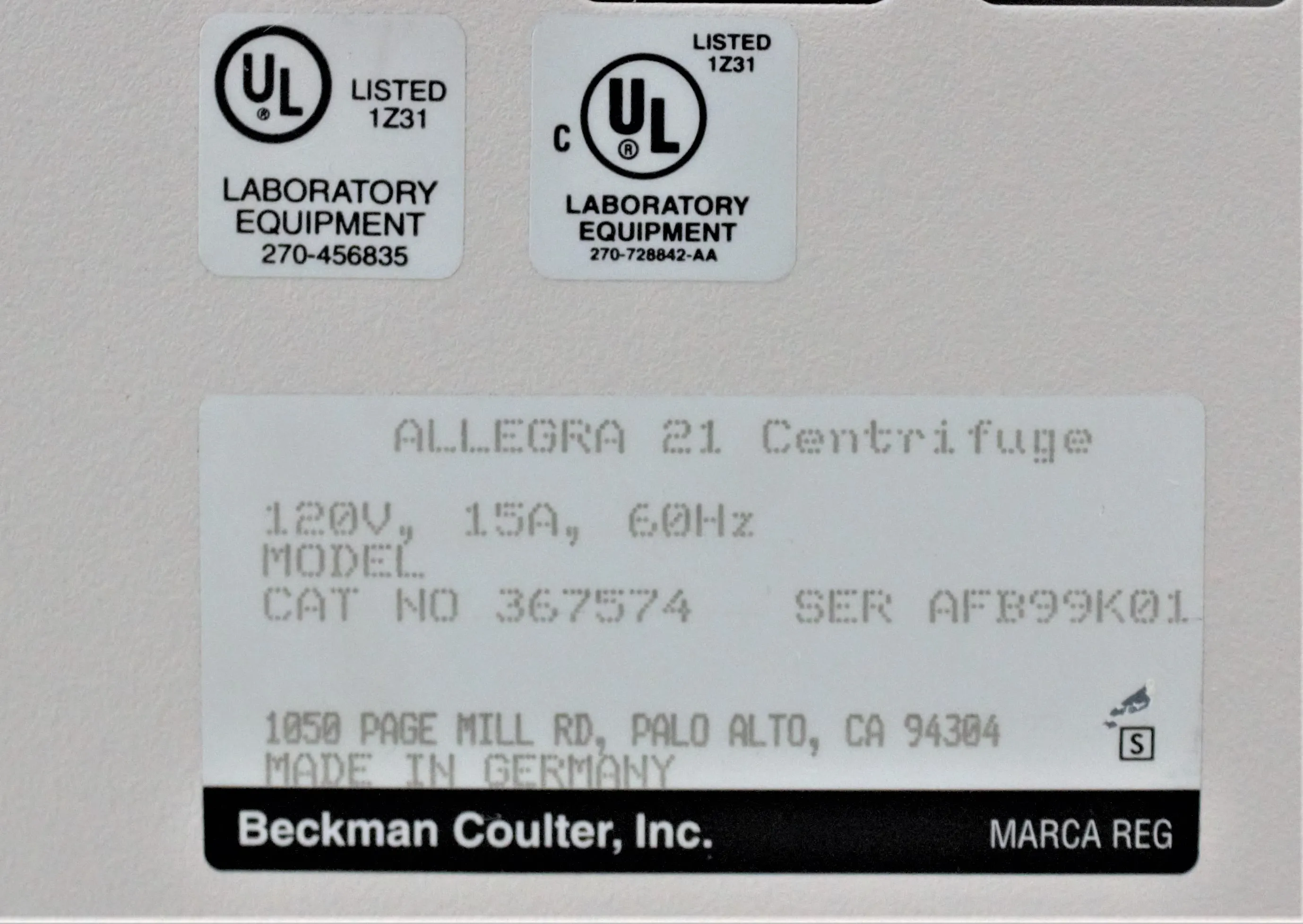 Beckman Coulter Allegra 21 Benchtop Centrifuge