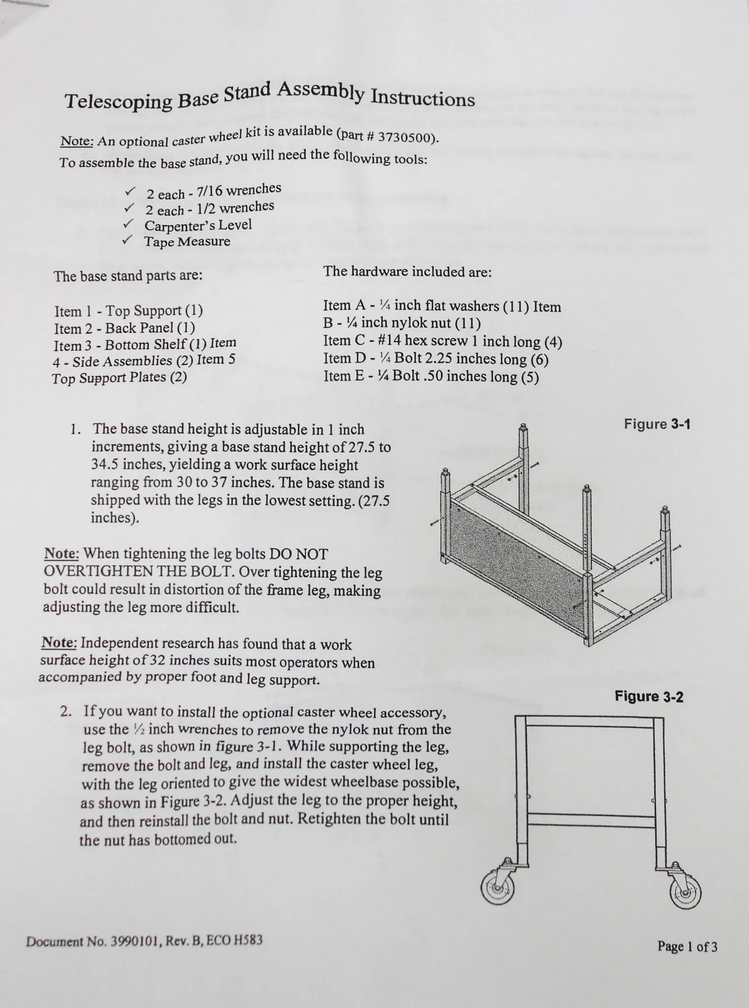 Telescoping Base Stand for Purifier Class II Biosafety and Procedure Station