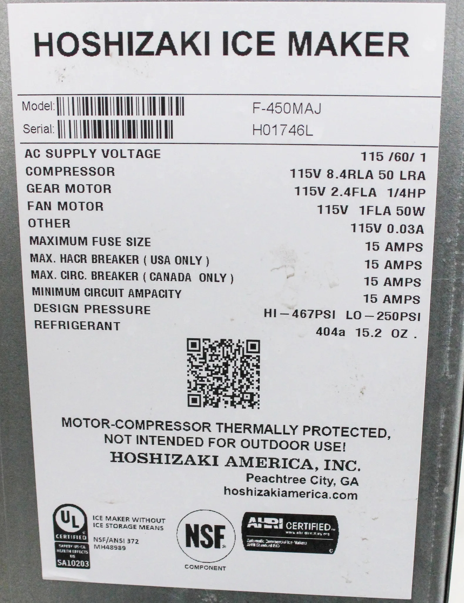 Hoshizaki Air-cooled Flaker, Modular Icemaker, Model F-450MAJ