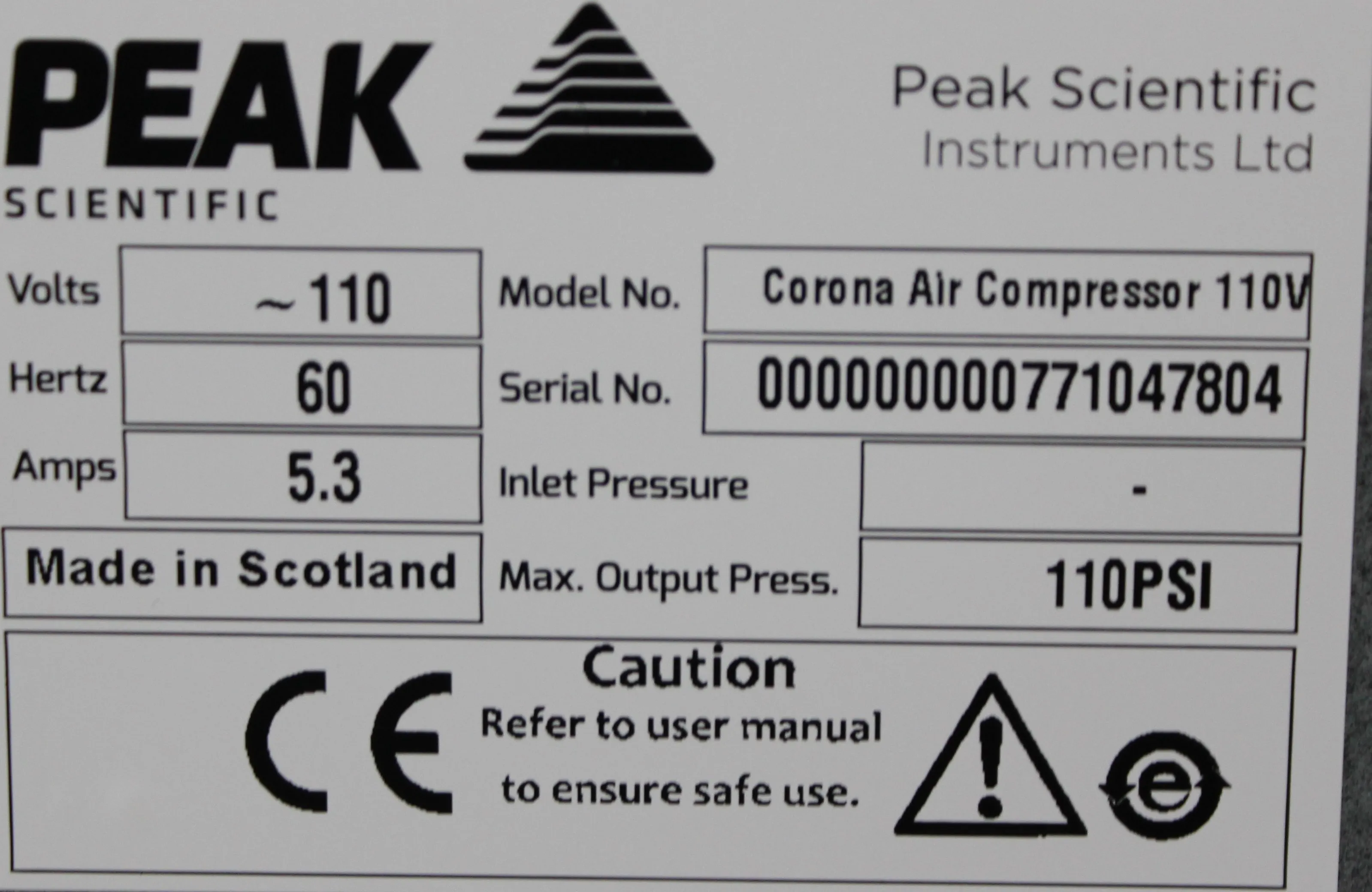 Peak Scientific Corona Air Compressor Zero Air Generator - Laboratory Equipment