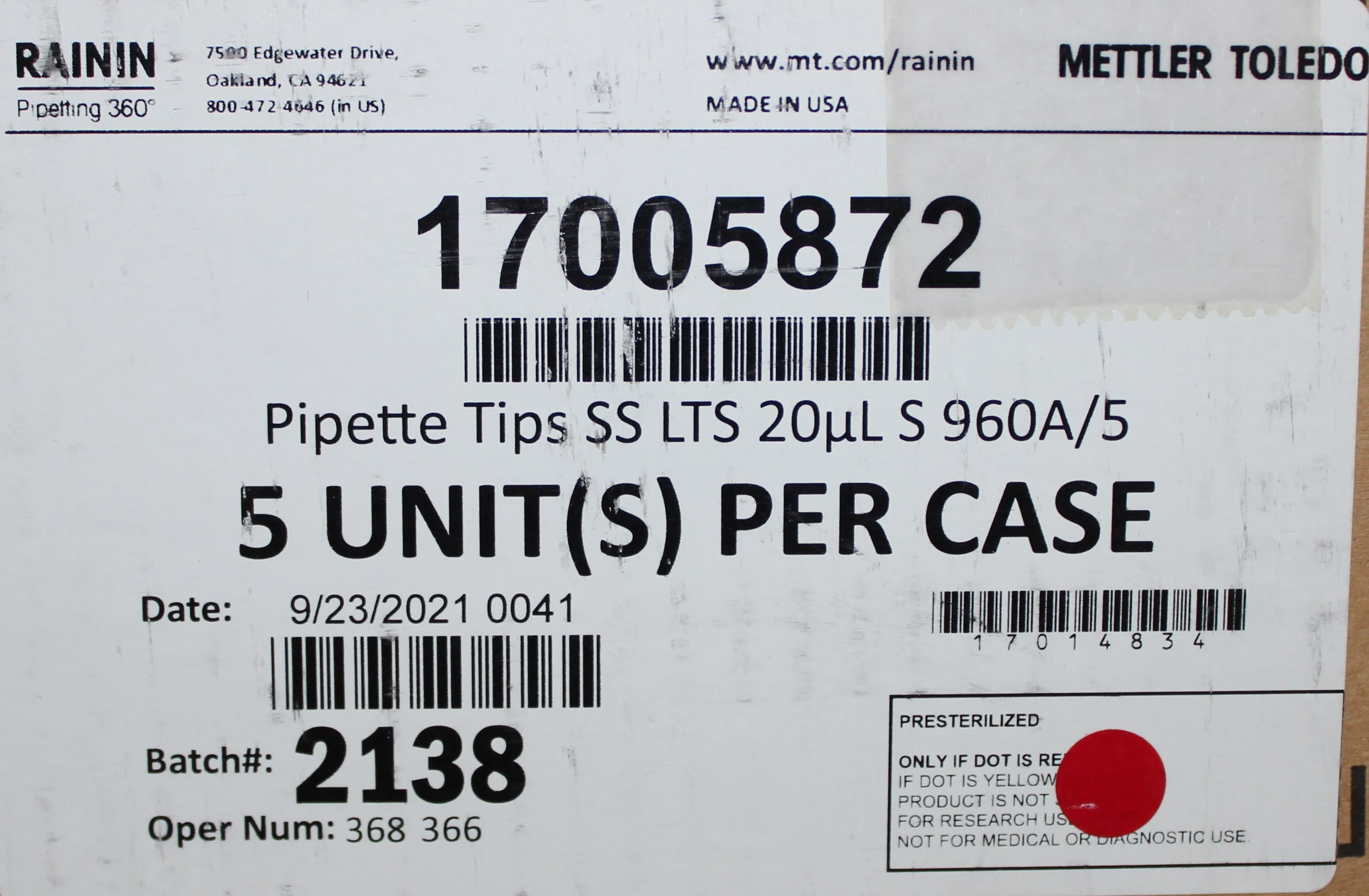 NEW Mettler Toledo 17005872 RAININ Pipette Tips SS LTS 20ul 960CT LTS System