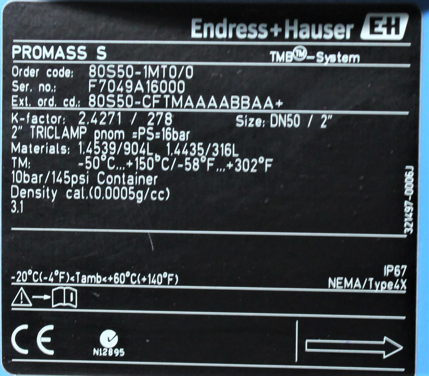 Endress & Hauser Promass 80S Corilois Flow Meter F7049A16000 Used AS-IS