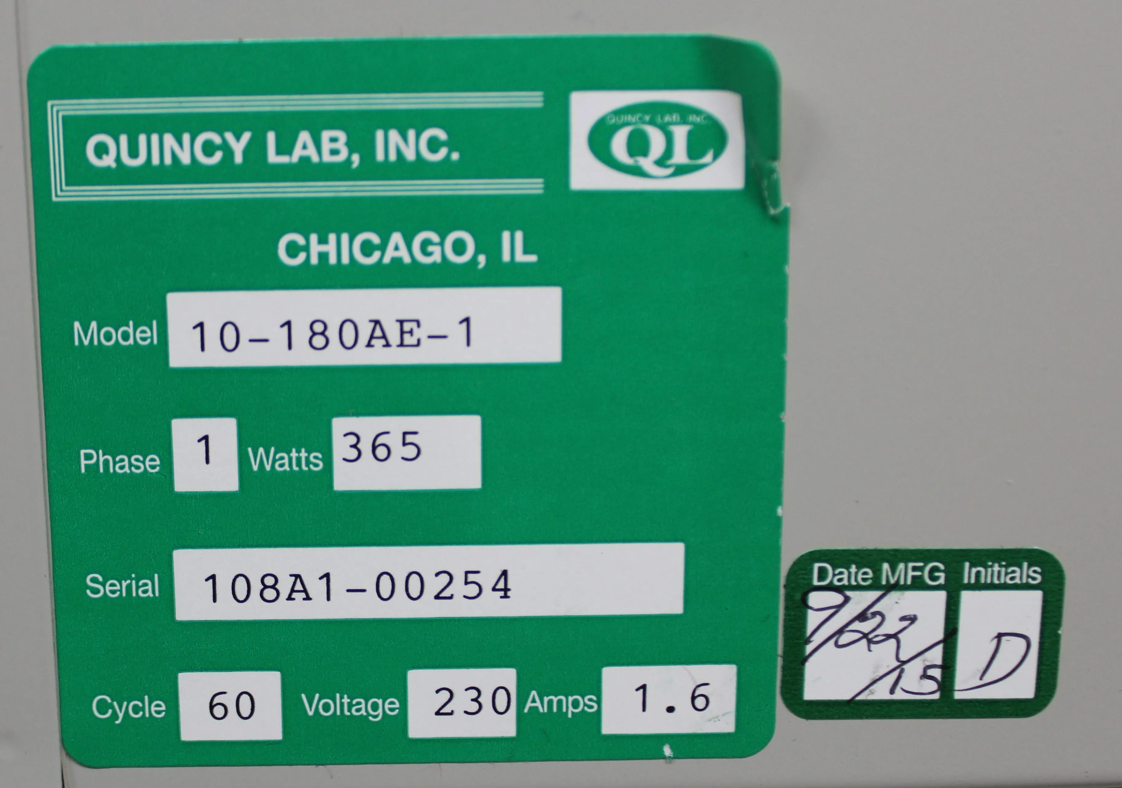 Quincy Lab 10-180AE-1 Air-Forced Digital Incubator