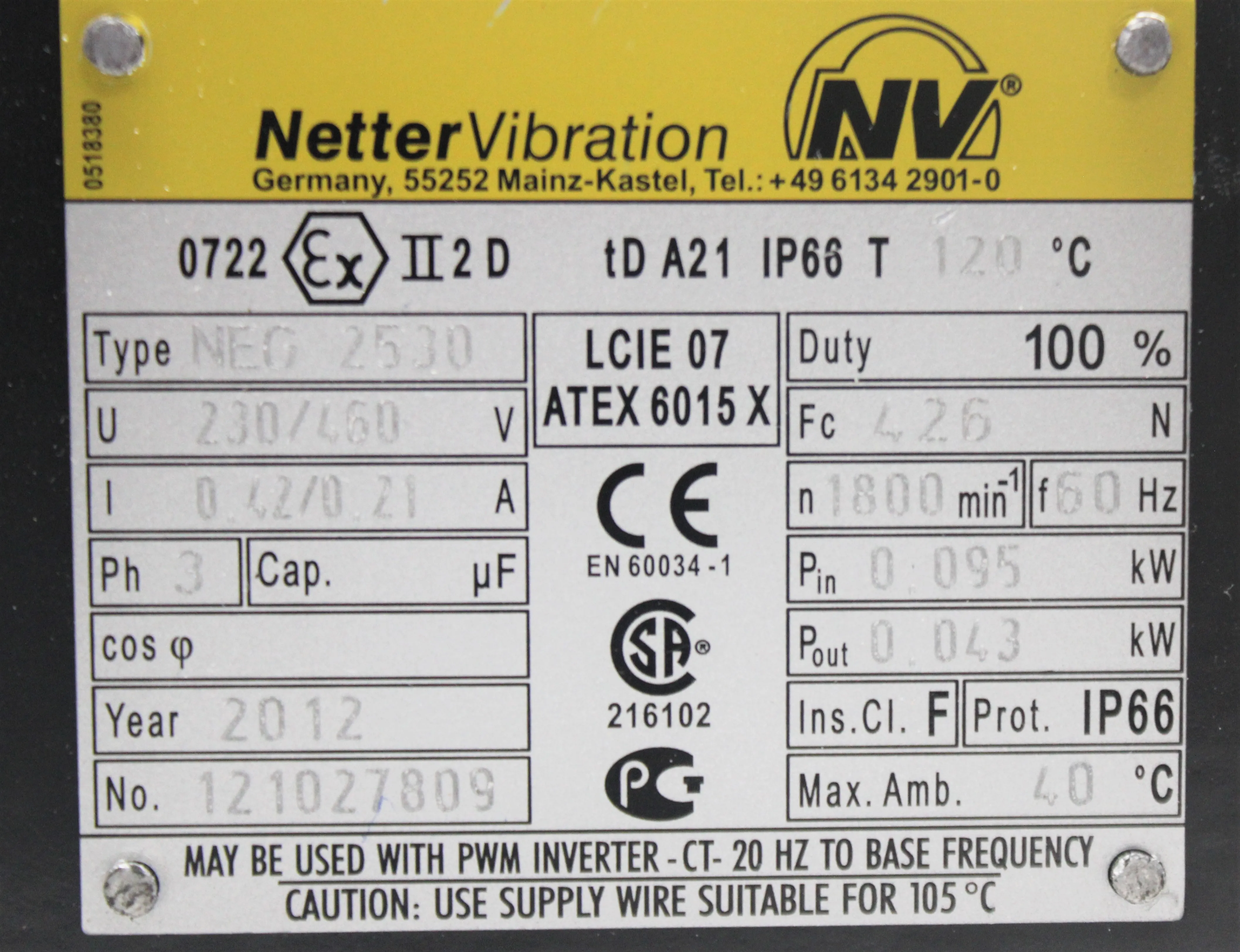 Martin Vibration System Solutions Electric External Vibrator NEG2530