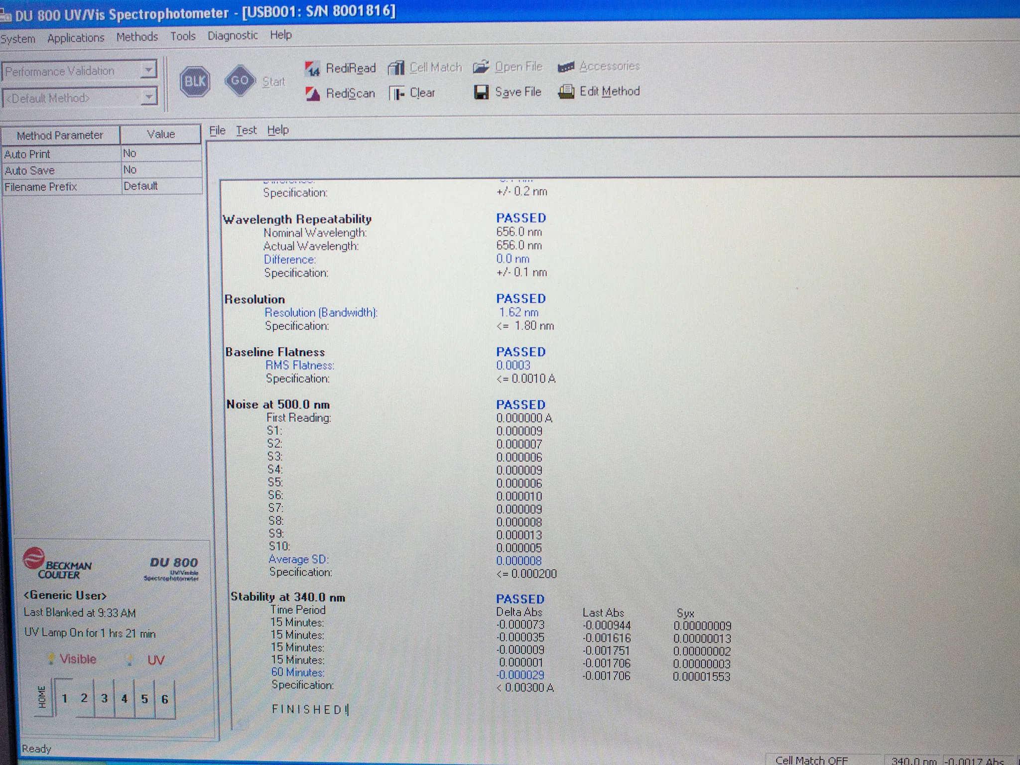 Beckman Coulter DU 800 UV/Vis Spectrophotometer with Standard Transport