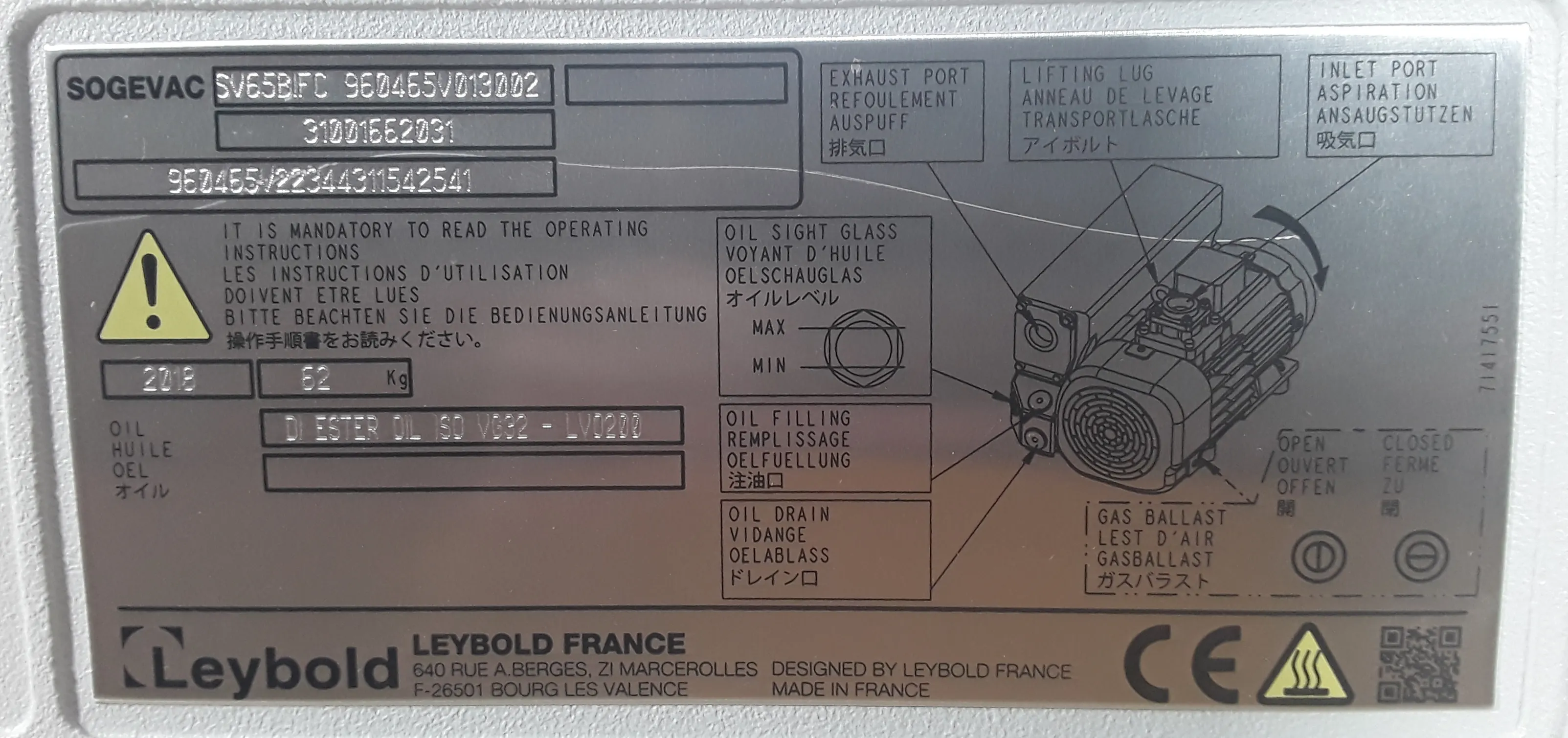 Used Leybold Sogevac SV65 BI FC Vacuum Pump 240V