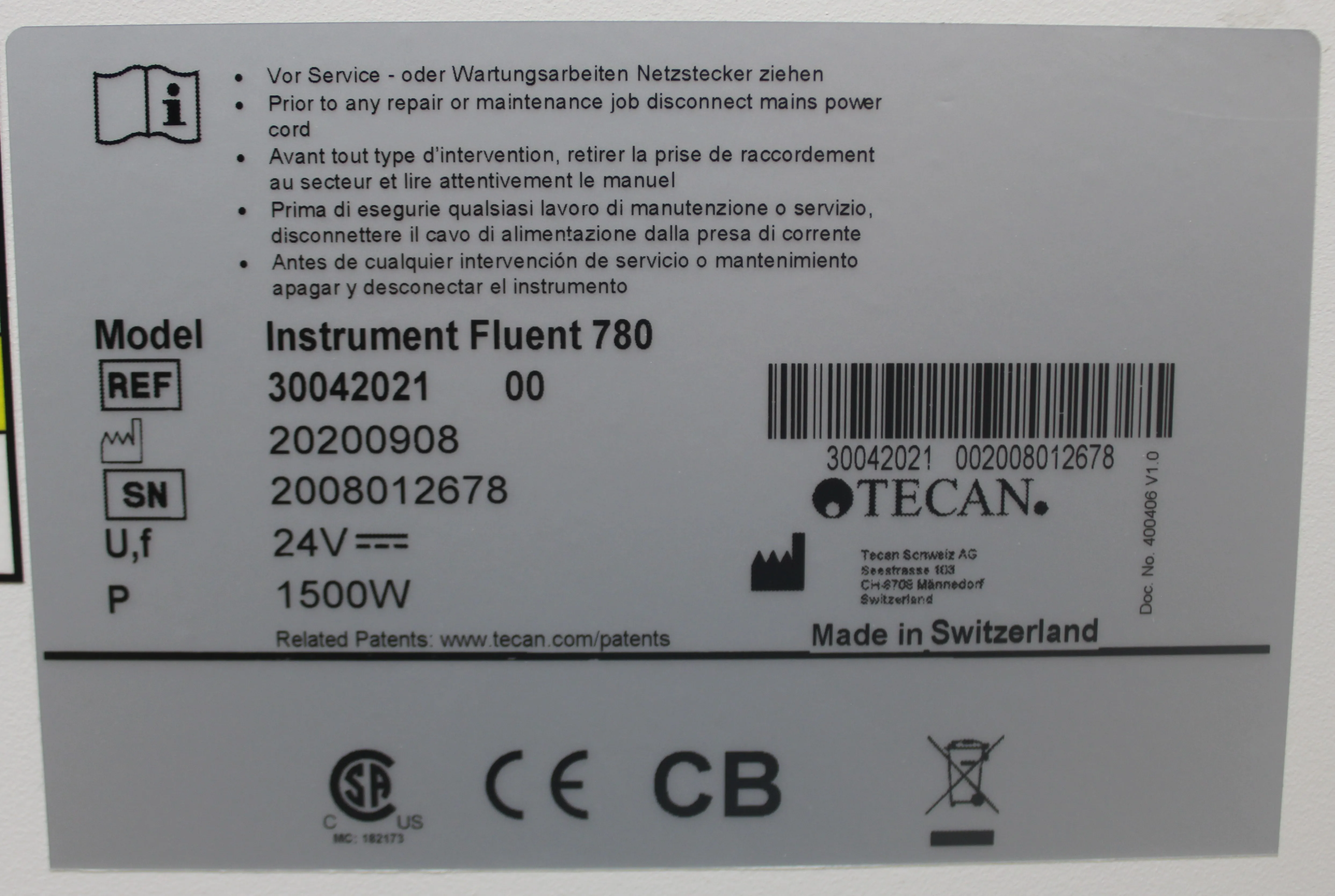 Tecan Instrument Fluent 780 8 Channel Pipetting Laboratory Automation System