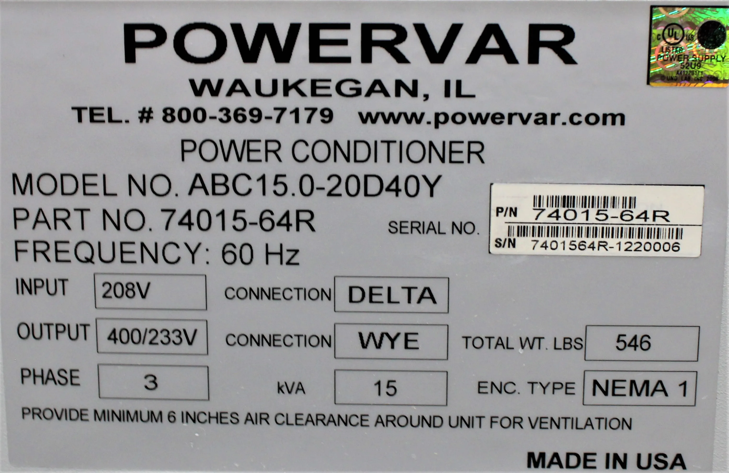 Powervar GPI Series 2000 Power Supply - ABC15.0-20D40Y - Used