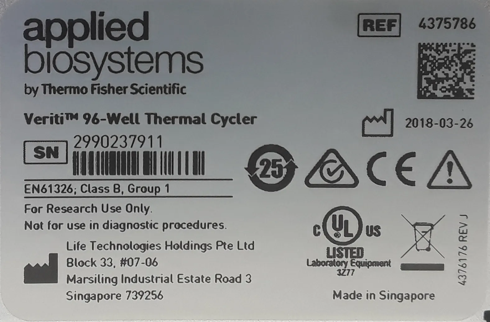 Applied Biosystems Veriti 96-Well Thermal Cycler 4375786 PCR Molecular Biology Lab Equipment