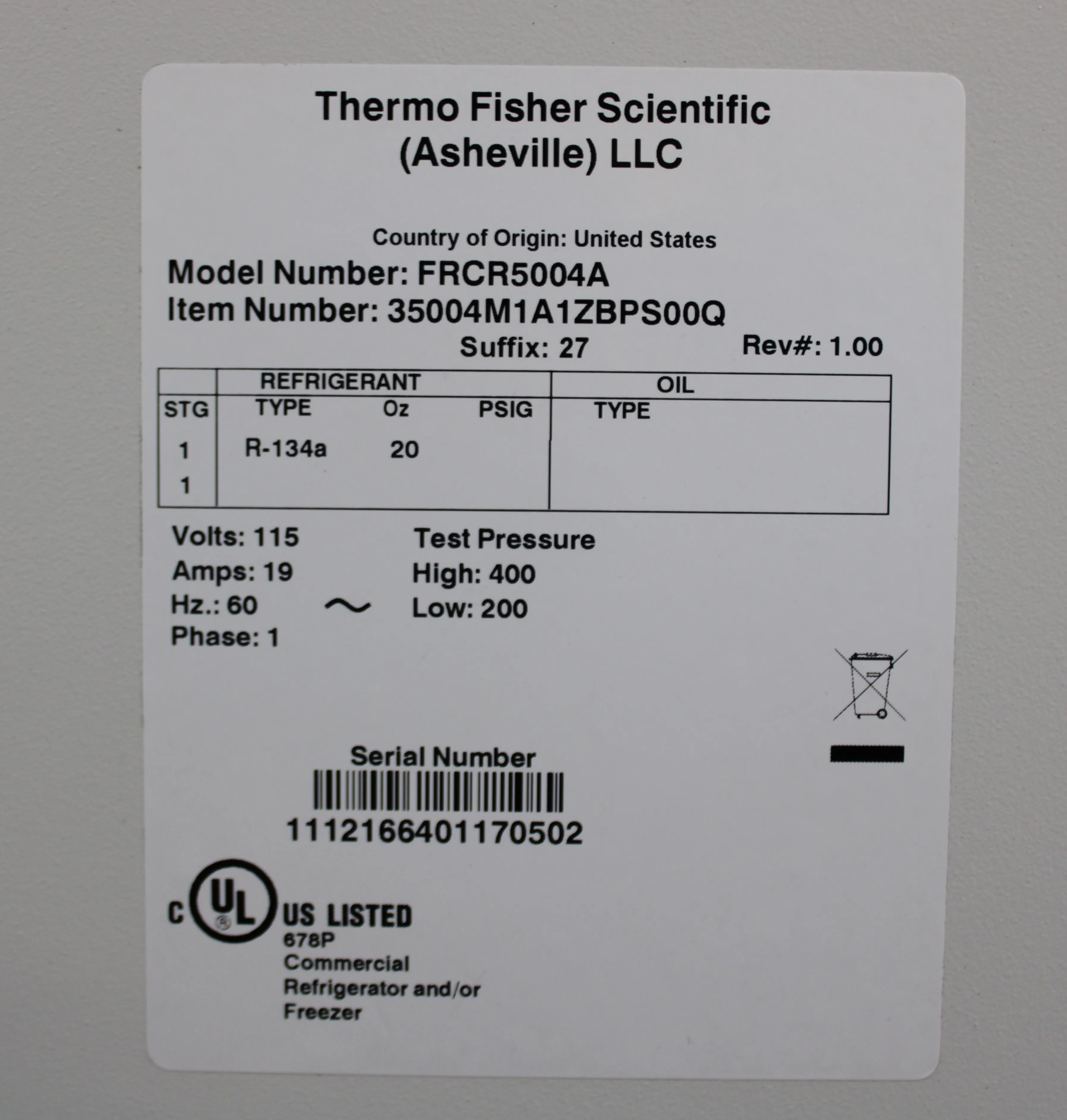 Thermo Fisher Scientific Refrigerator FRCR5004A