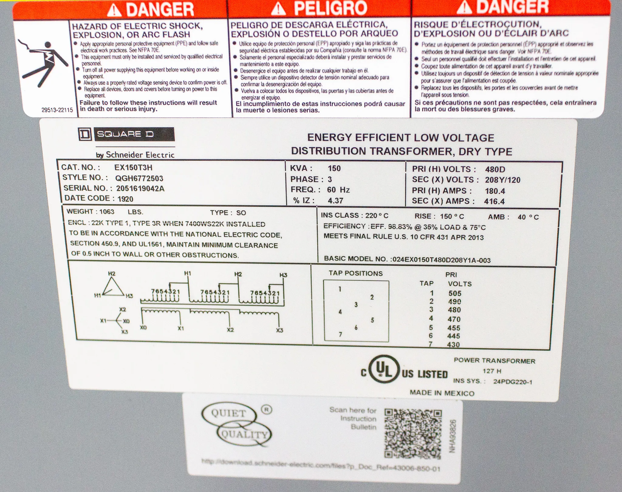 Square D EX150T3H Transformer, Dry Type, DOE 2016, 150kVA, 3 Phase, 480V Delta Primary, 208Y/120V Secondary, 22K, 150C Rise w/ Panelboard