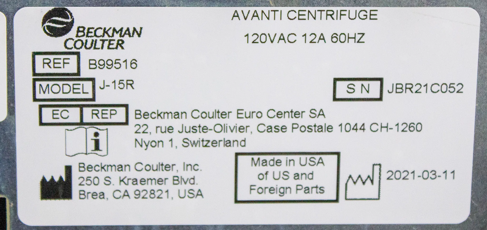 Beckman Coulter Avanti J-15R Refrigerated Benchtop Centrifuge B99516 w/ JS-4.750 Rotor