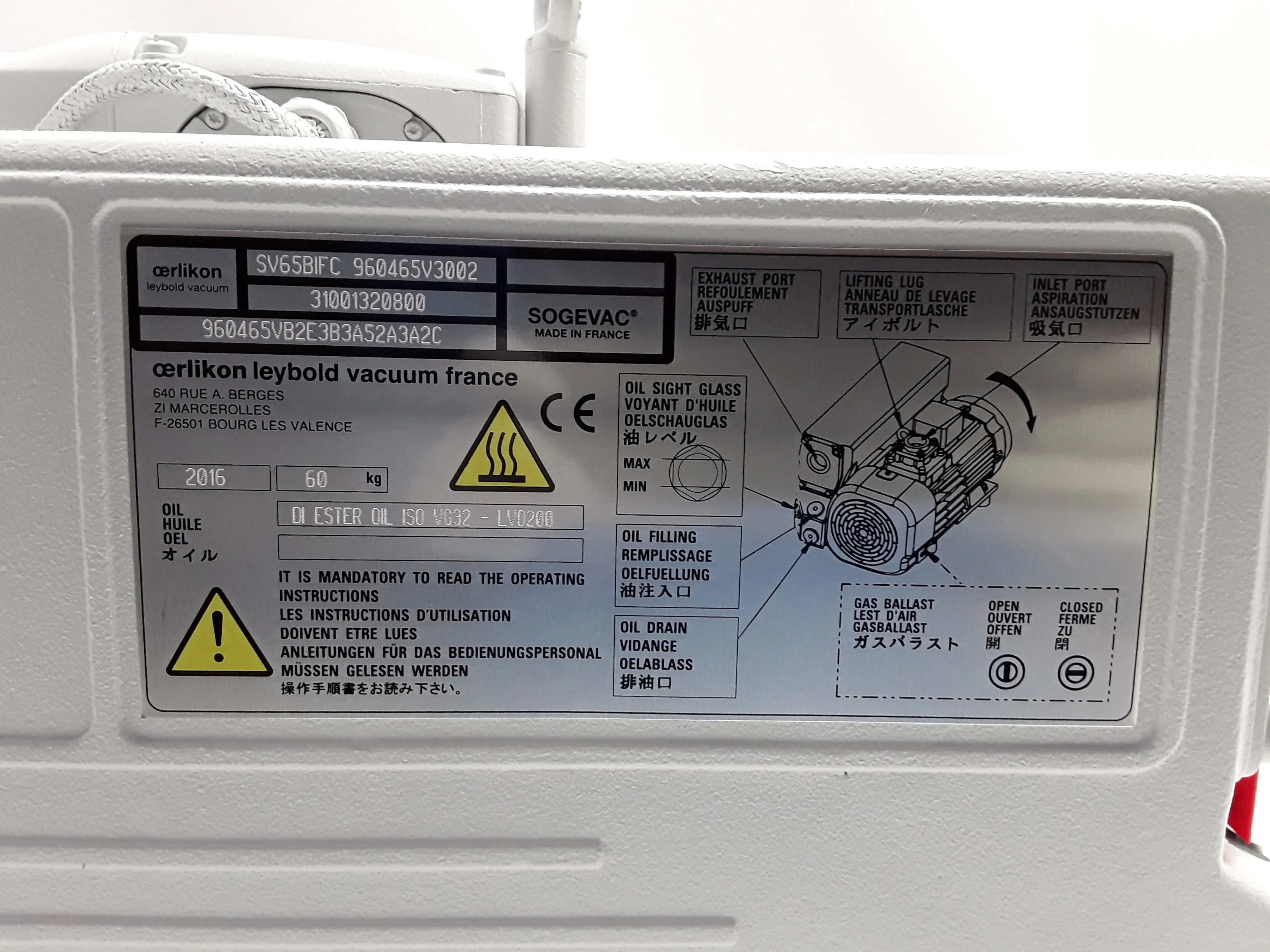 Sogevac SV65 BI FC Single Stage Oil Sealed Rotary Vane Vacuum Pump 1.1 Torr