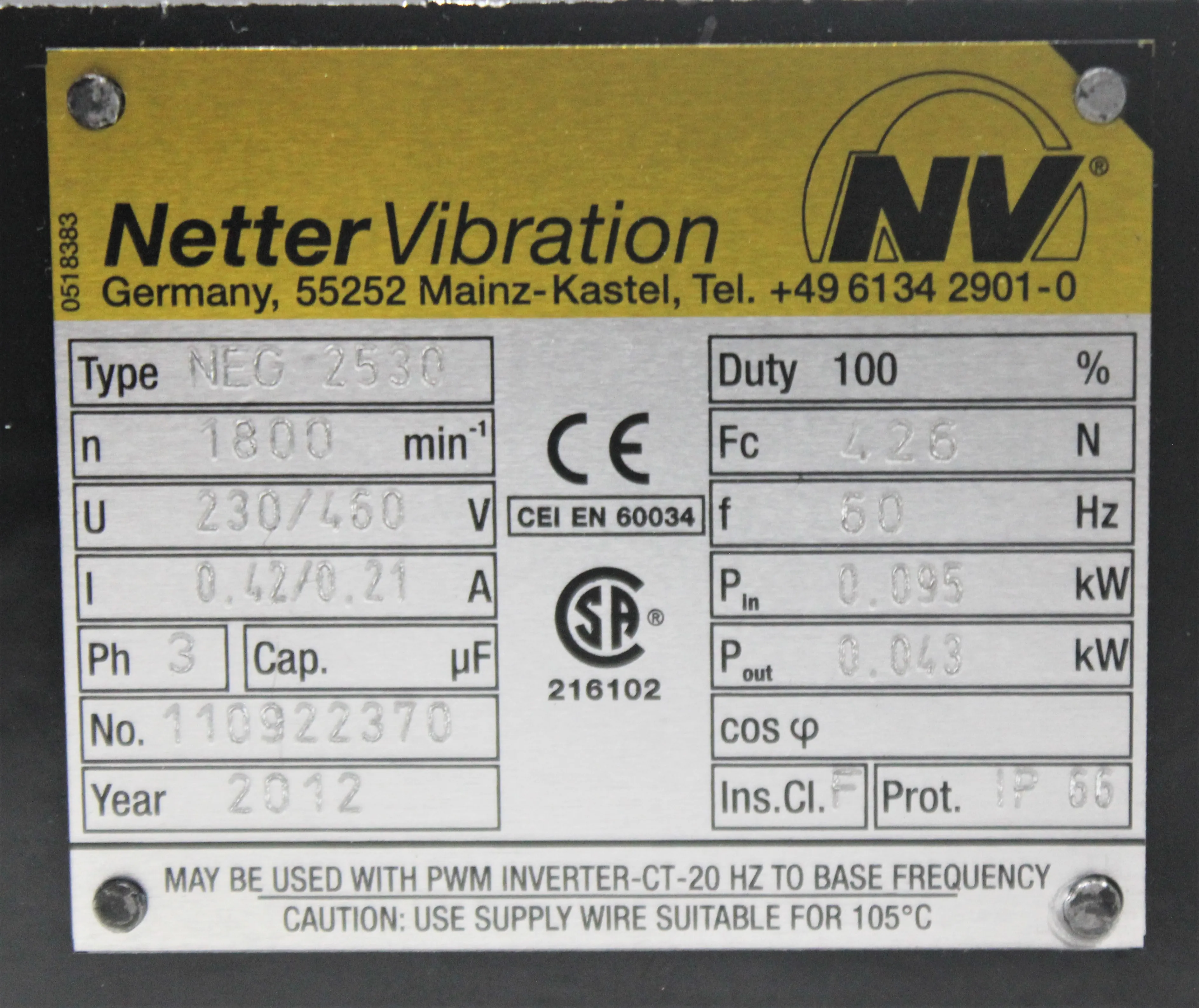 Martin Vibration System Solutions NEG2530 Electric External Vibrator