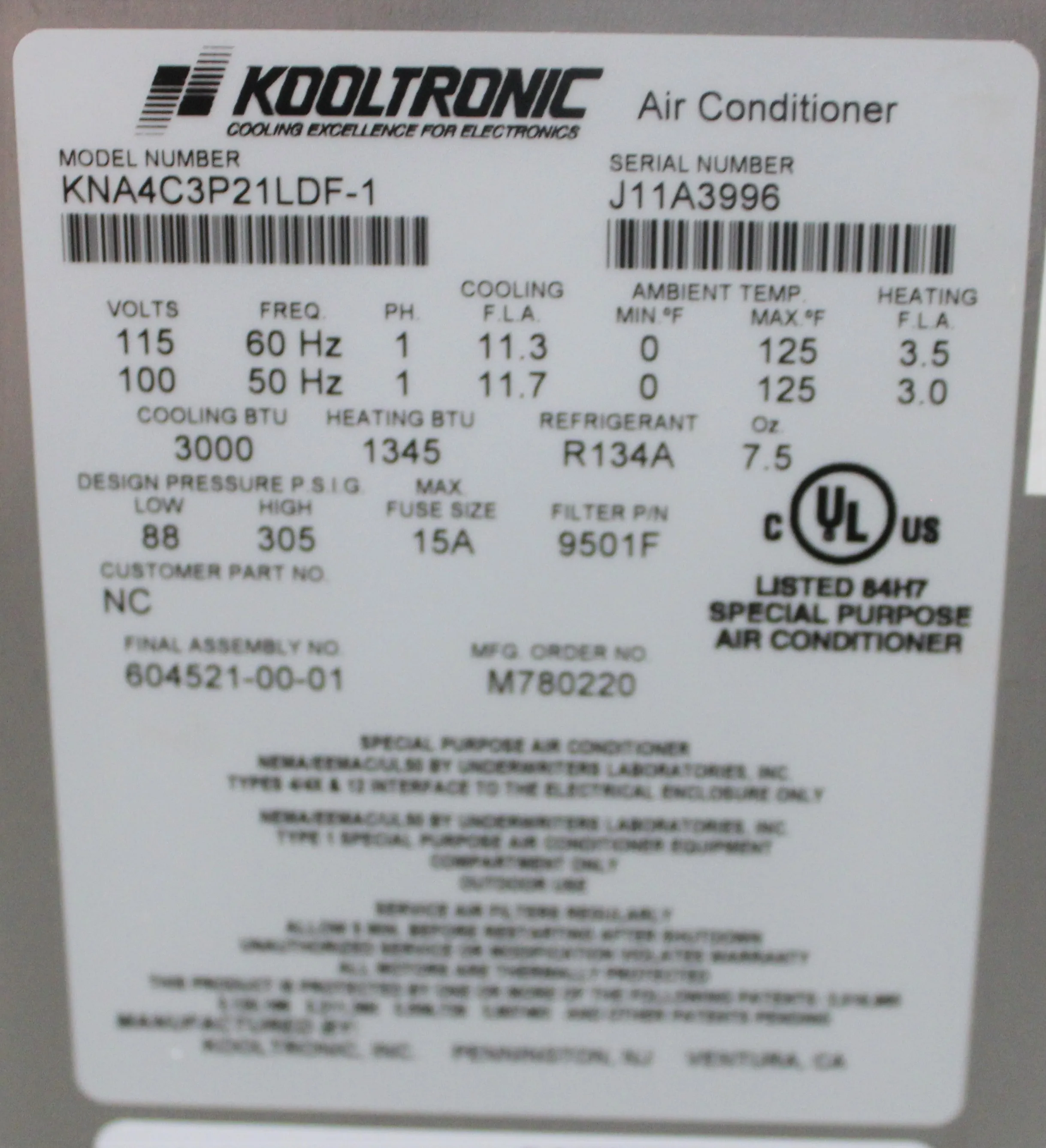 Used Kooltronic Enclosure Air Conditioner - KNA4C3P21LDF-1