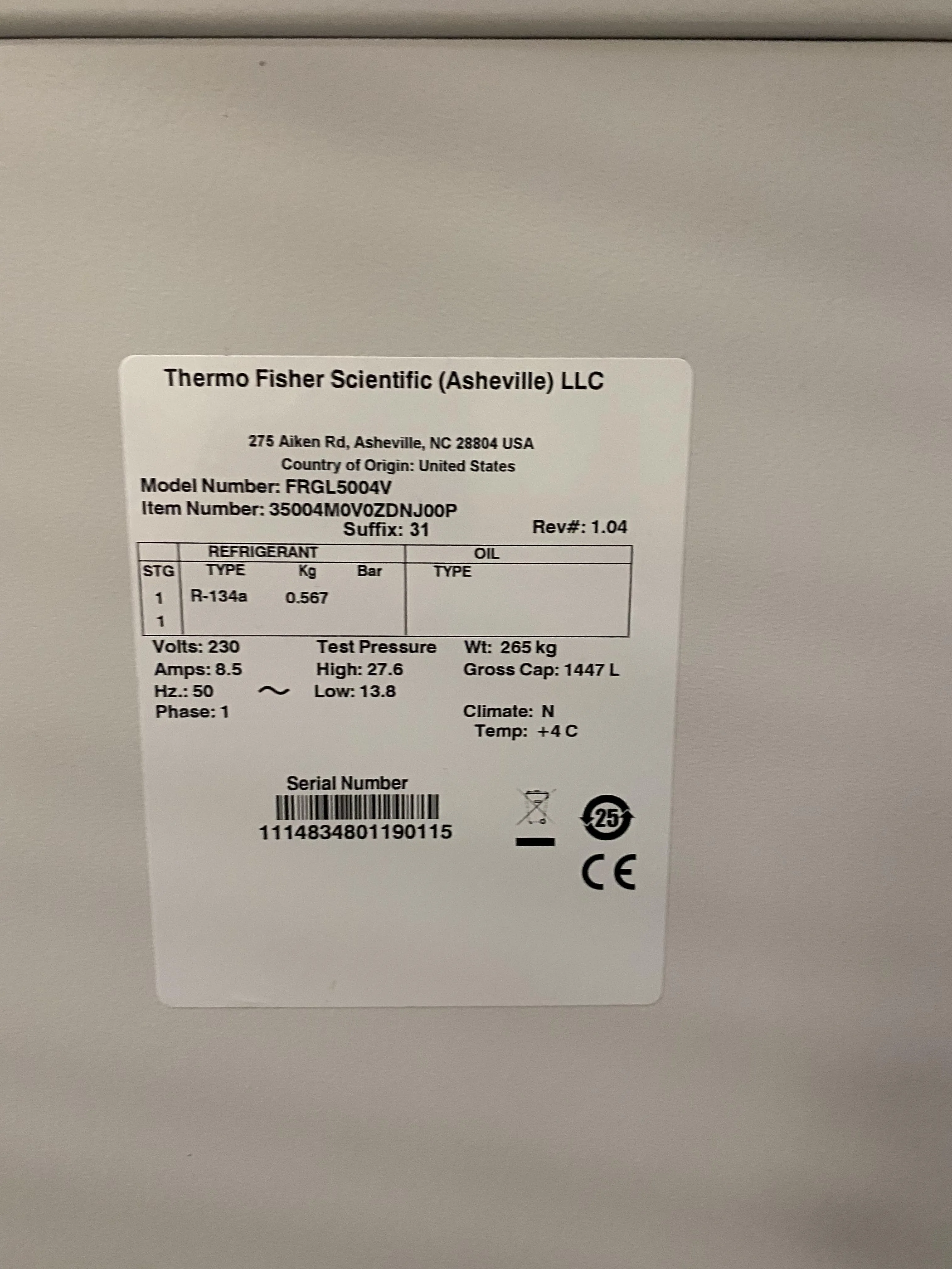 Thermo Scientific Forma High-Performance Lab Refrigerator FRGL5004V