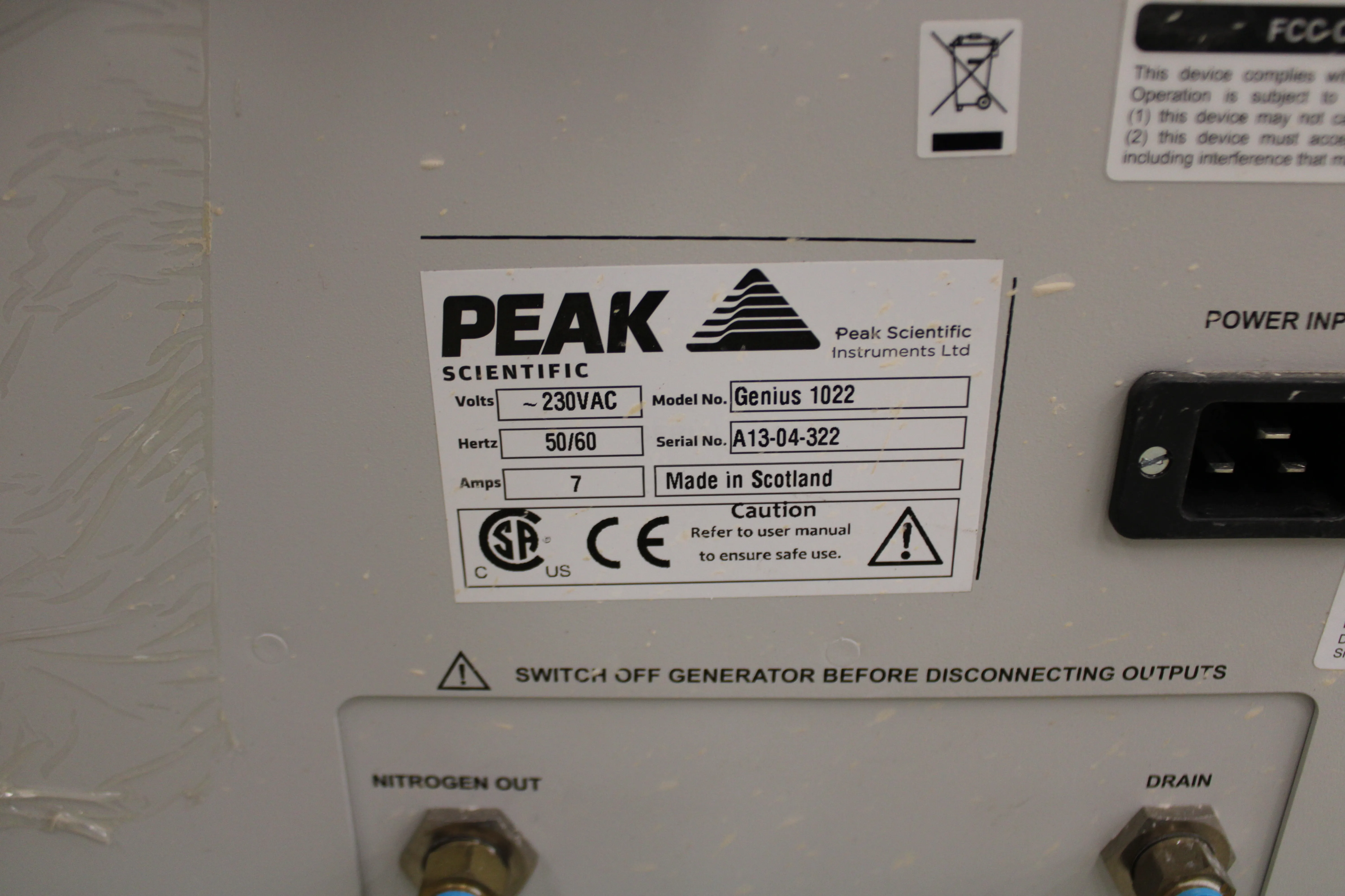 Peak Scientific Genius 1022 Nitrogen Generator Gas Analyzer Gas Generator