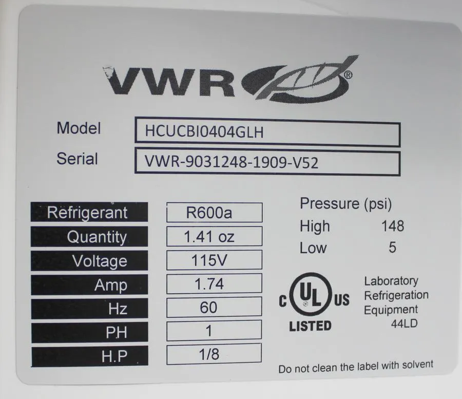 VWR Under counter Refrigerator with Natural Refrigerant model: HCUCBI0404GLH