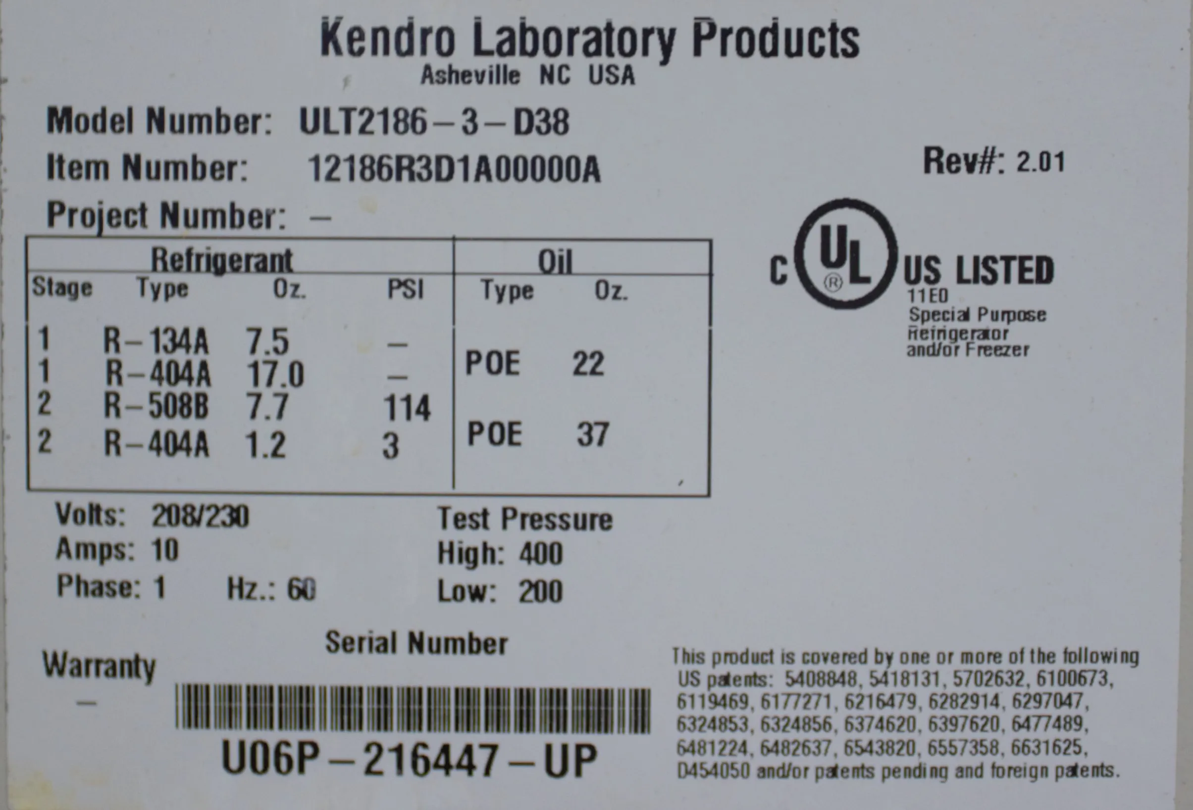 Kendro ULT2186-3-D38 Storage Freezer for Parts - AS-IS Sale