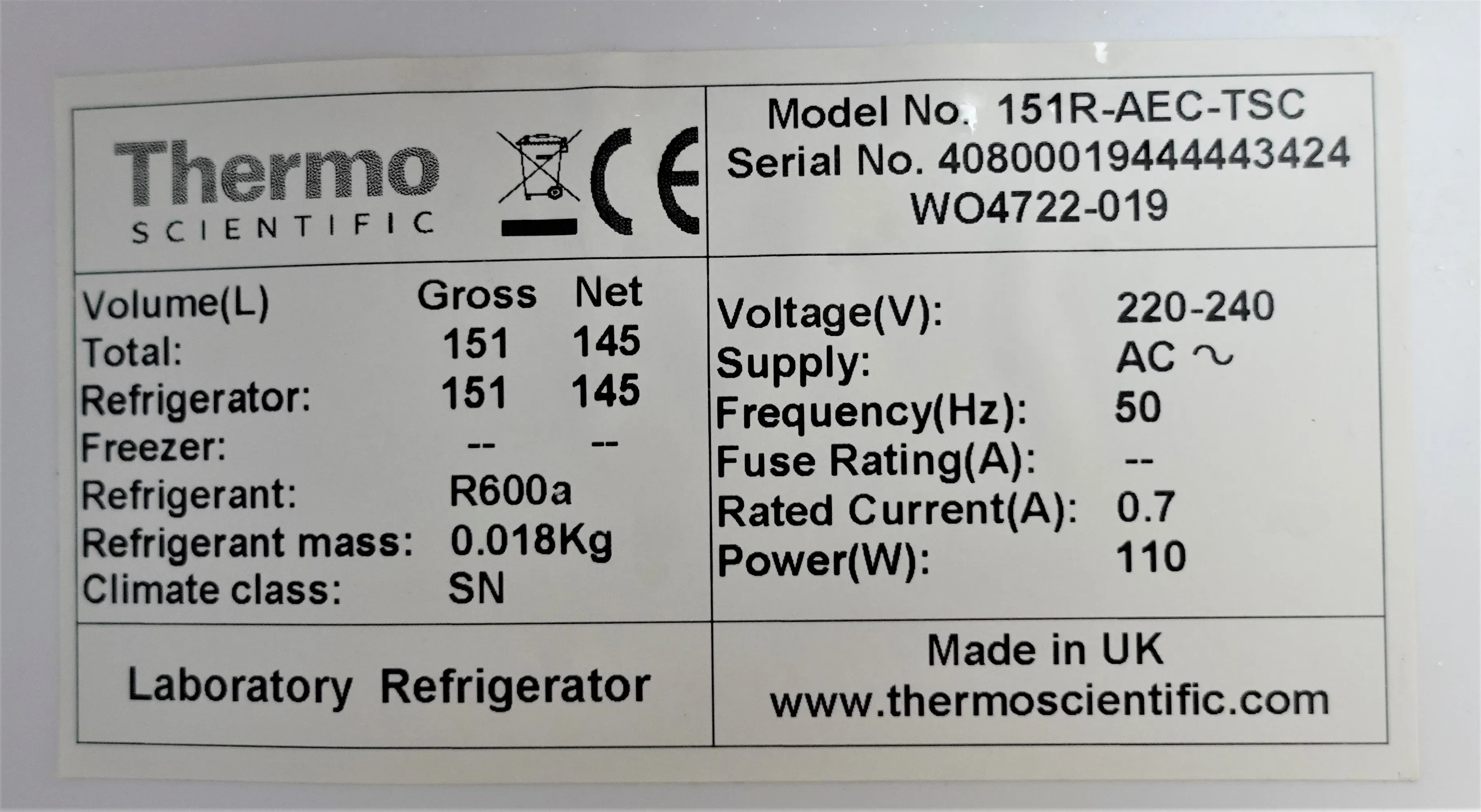 Thermo Fisher Scientific 151R-AEC-TSC +5C Refrigerator