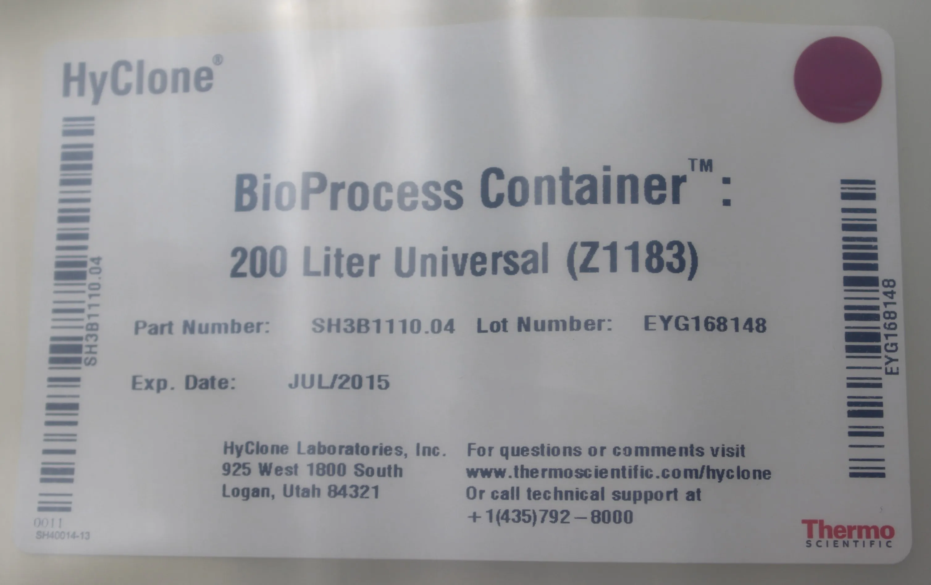 Thermo Scientific Hyclone BioProcess Container 200L Universal Z1183