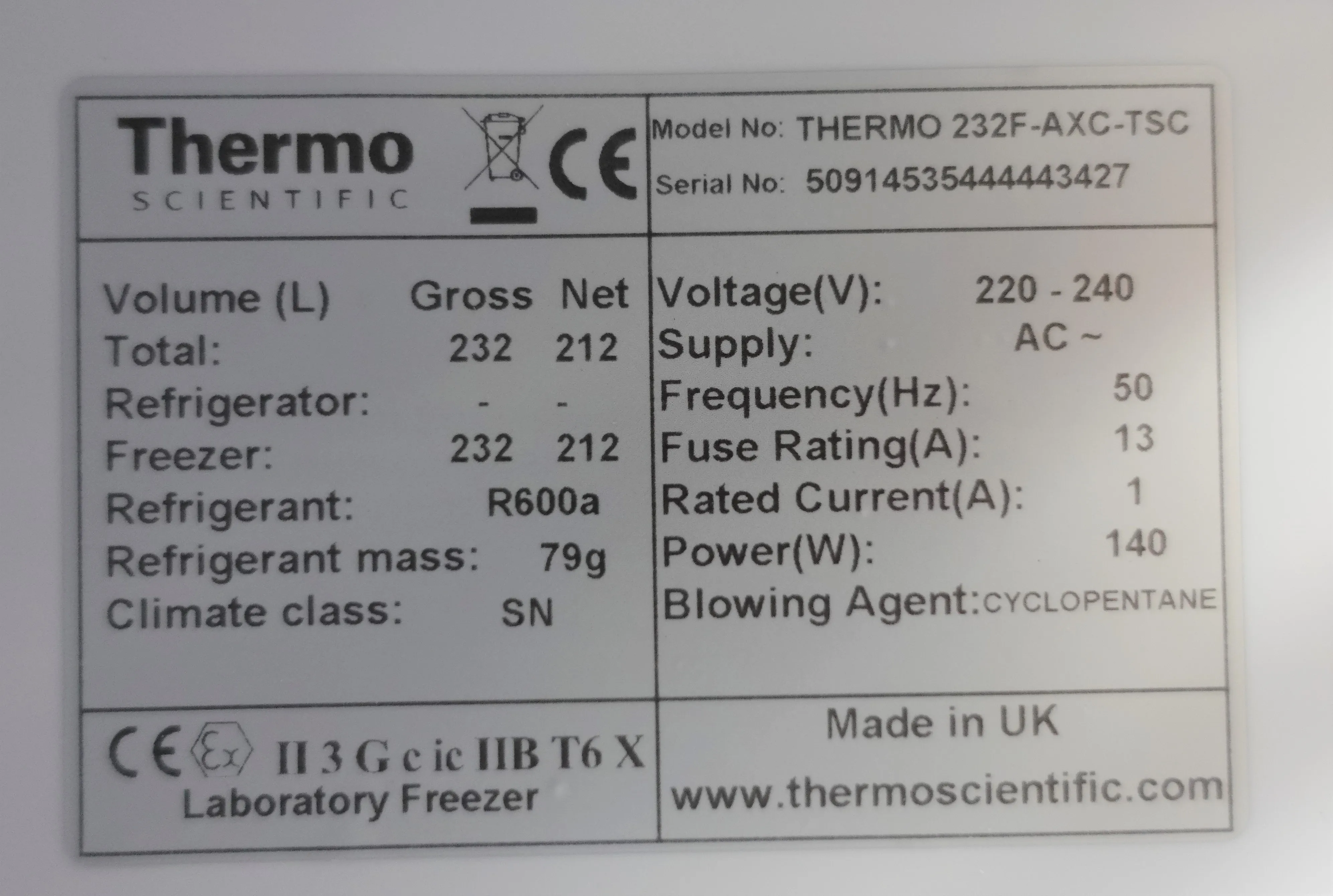 Thermo Fisher 232F-AXC-TSC Laboratory Freezer