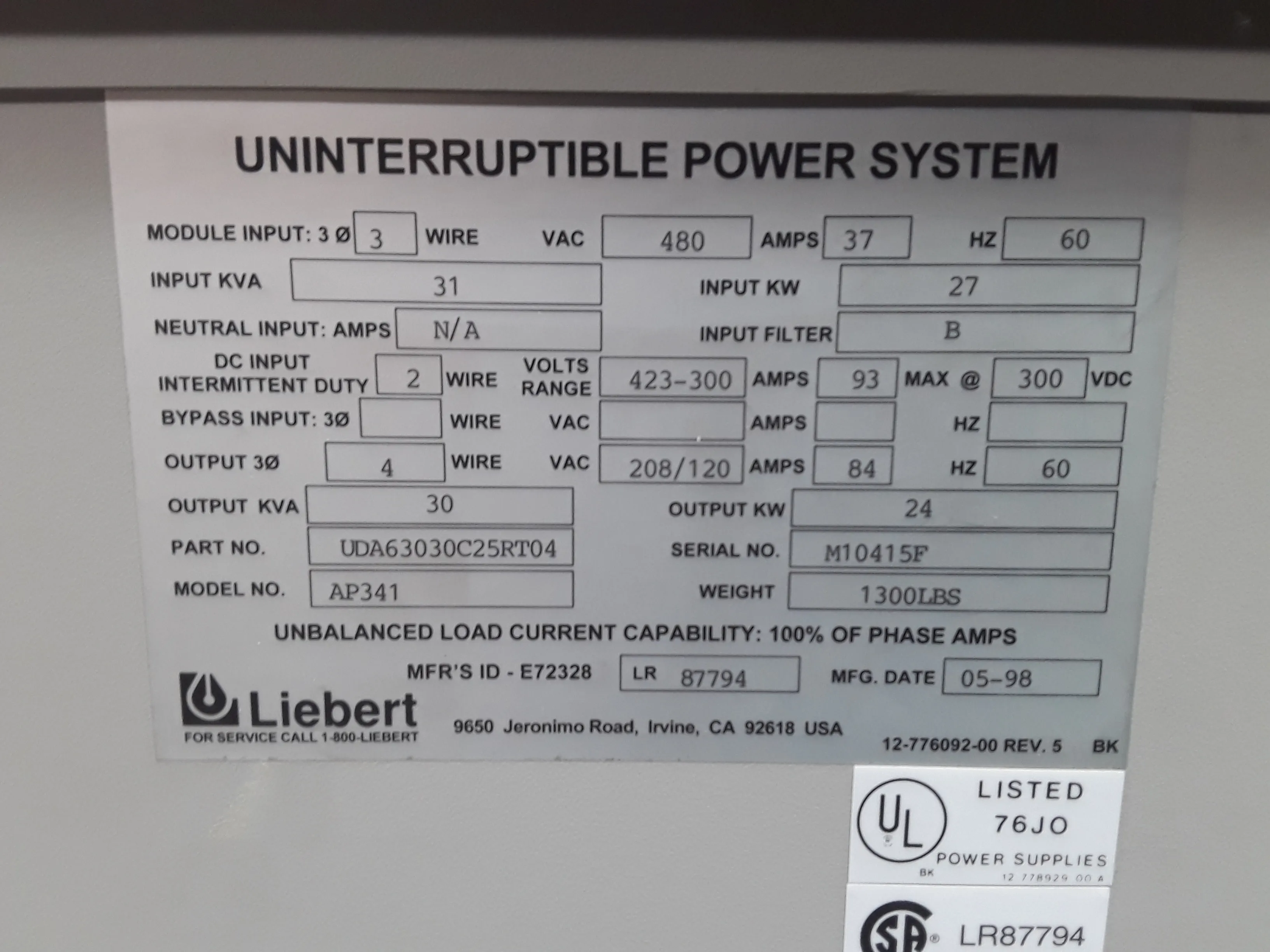 Liebert Series 300 UPS AP341 Controller Cabinet