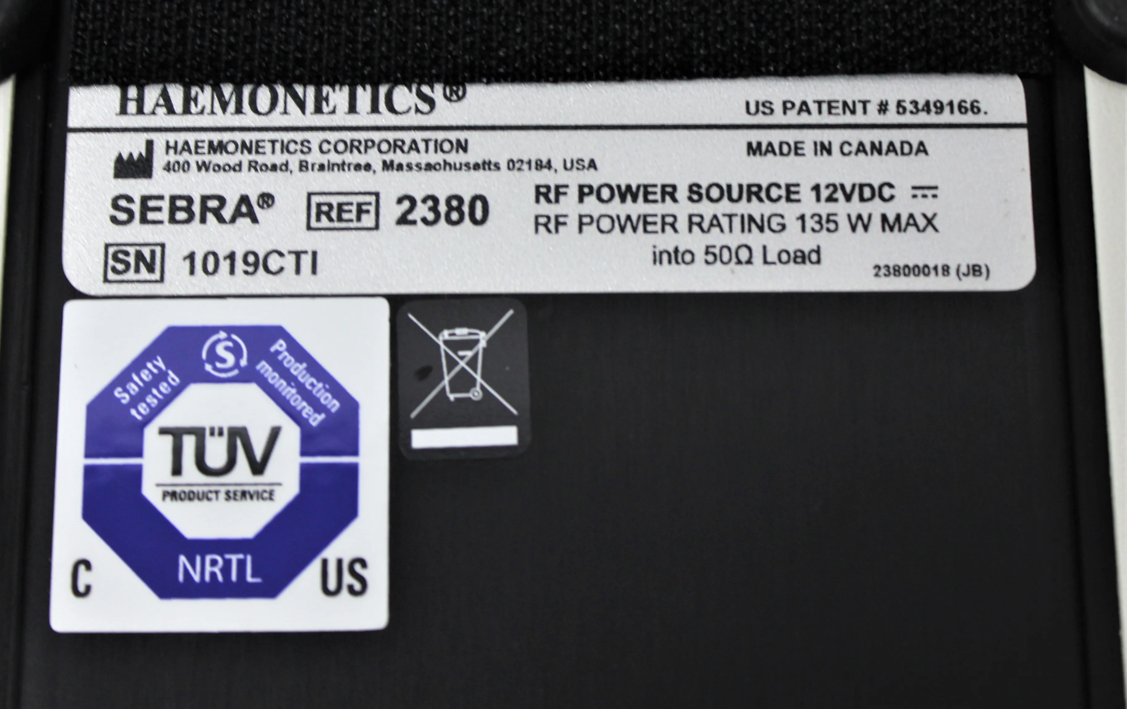 Haemonetics RF Power Source 12VDC 2380 RF Sealer 1019CTI