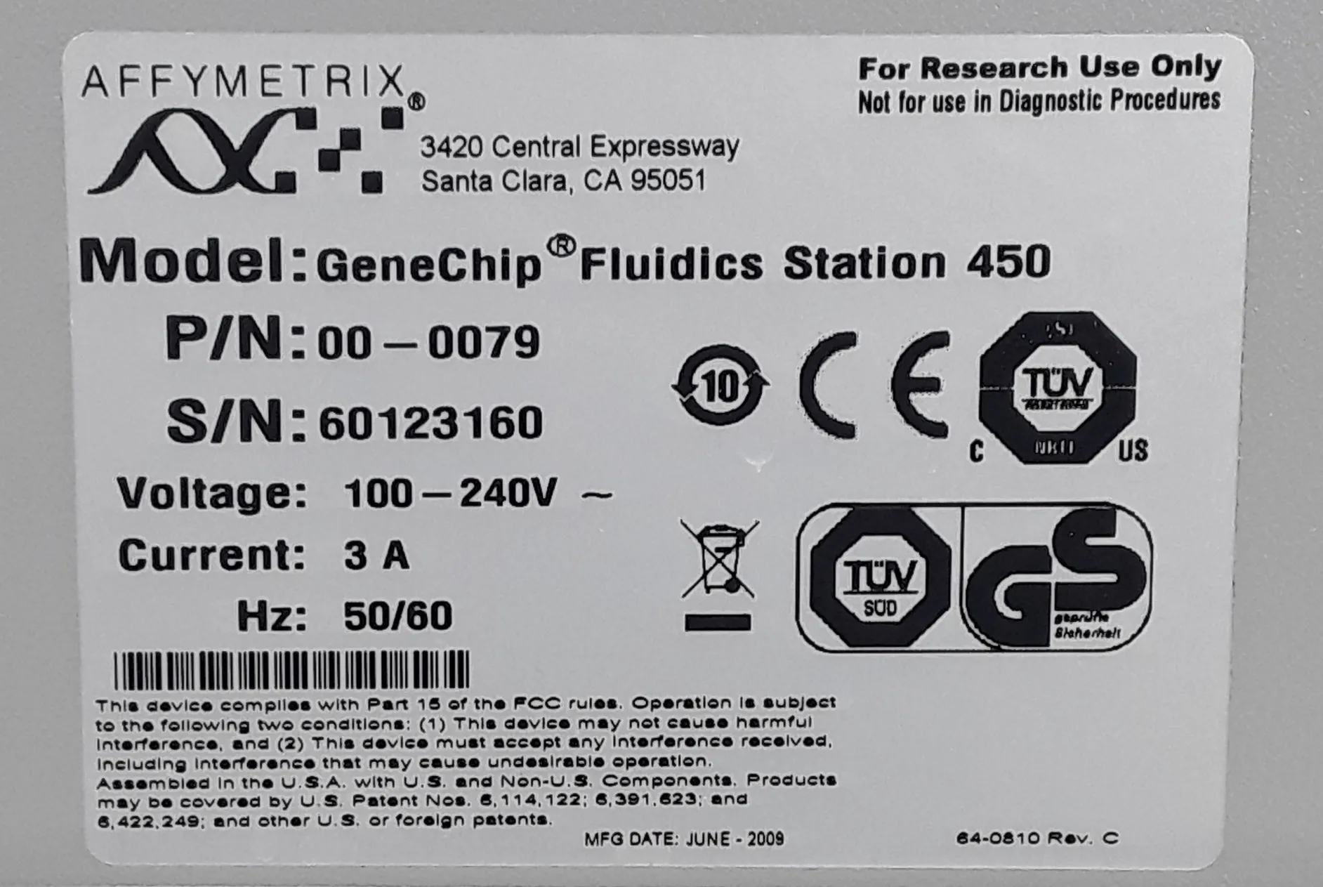 Affymetrix 00-0079 GeneChip Fluidics Station 450 Used Laboratory Equipment