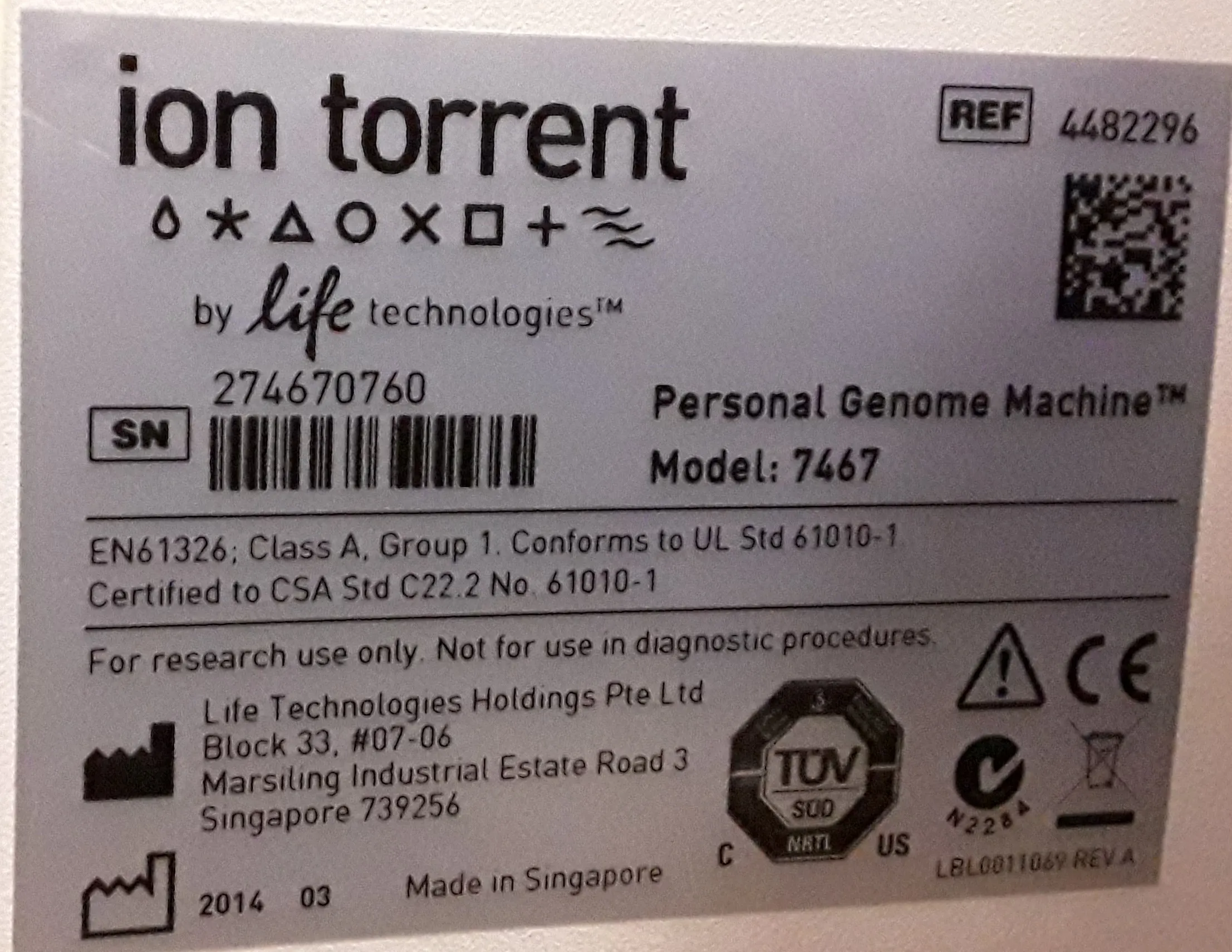 Ion Torrent Personal Genome Machine Model 7467 DNA Sequencer