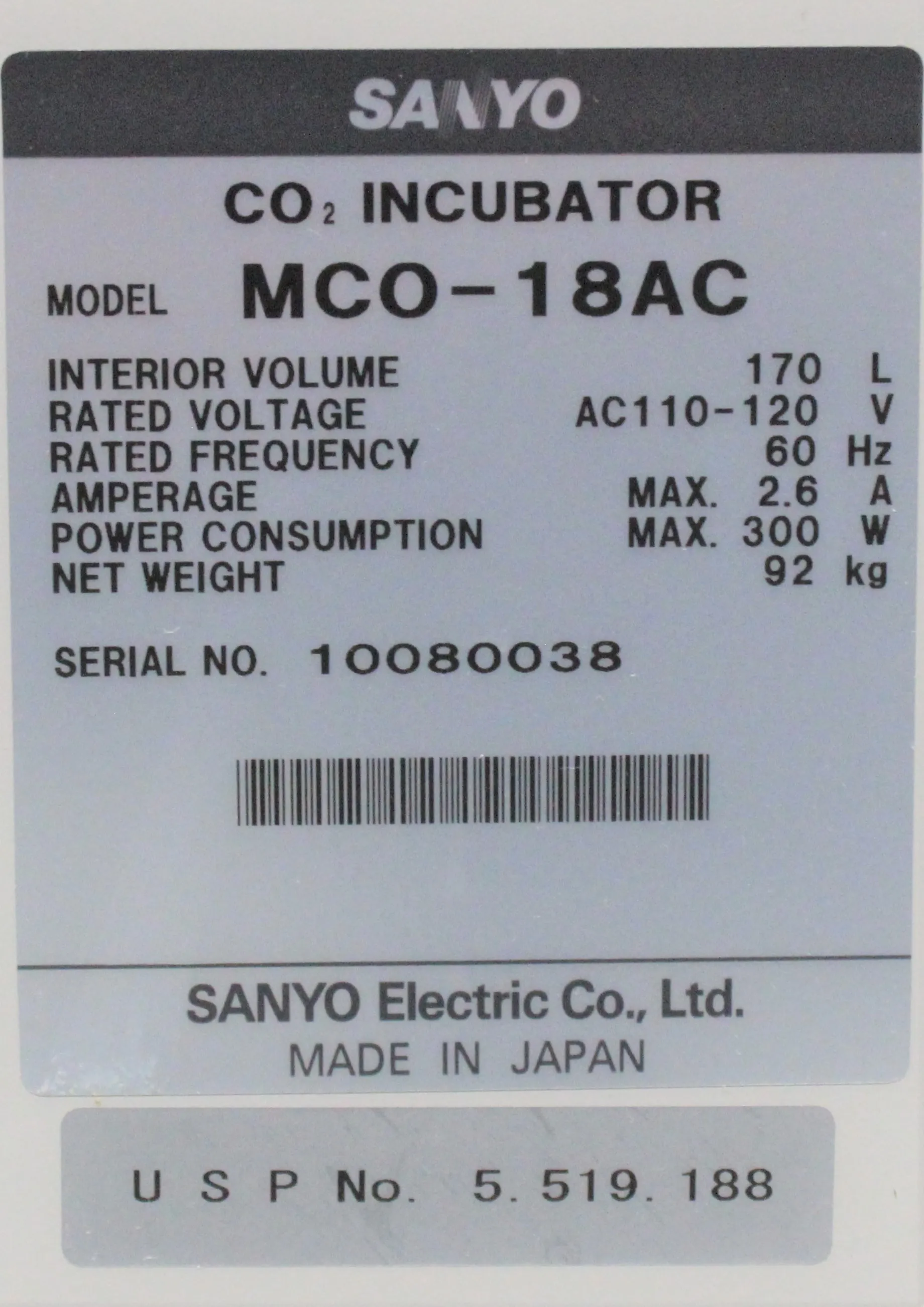 Sanyo MCO-18AC CO2 Incubator with Unprecedented Humidity and Temperature Control Technology