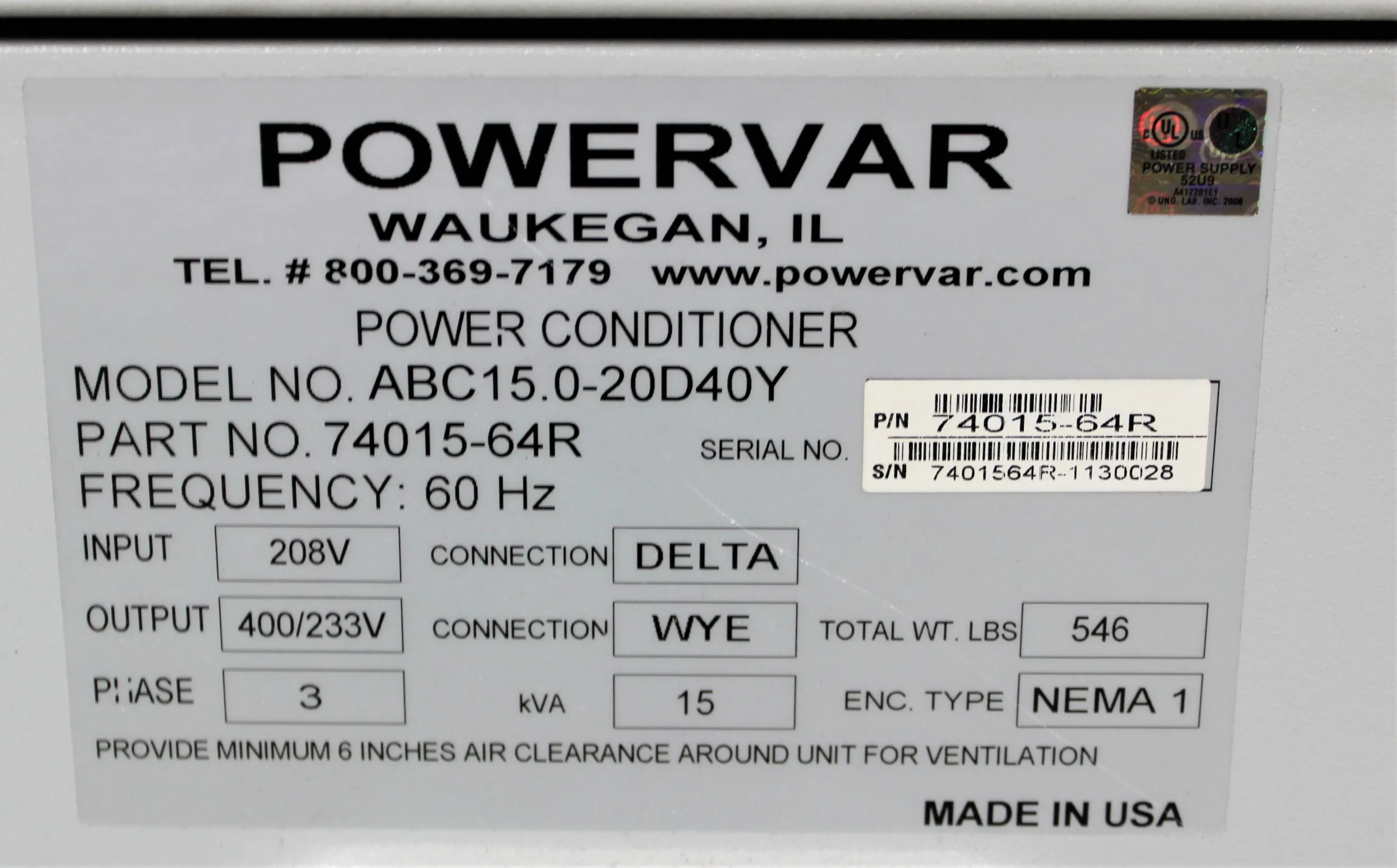 Powervar Series 2000 GPI Global Power Conditioner Interface Model ABC 15.0-20D40Y