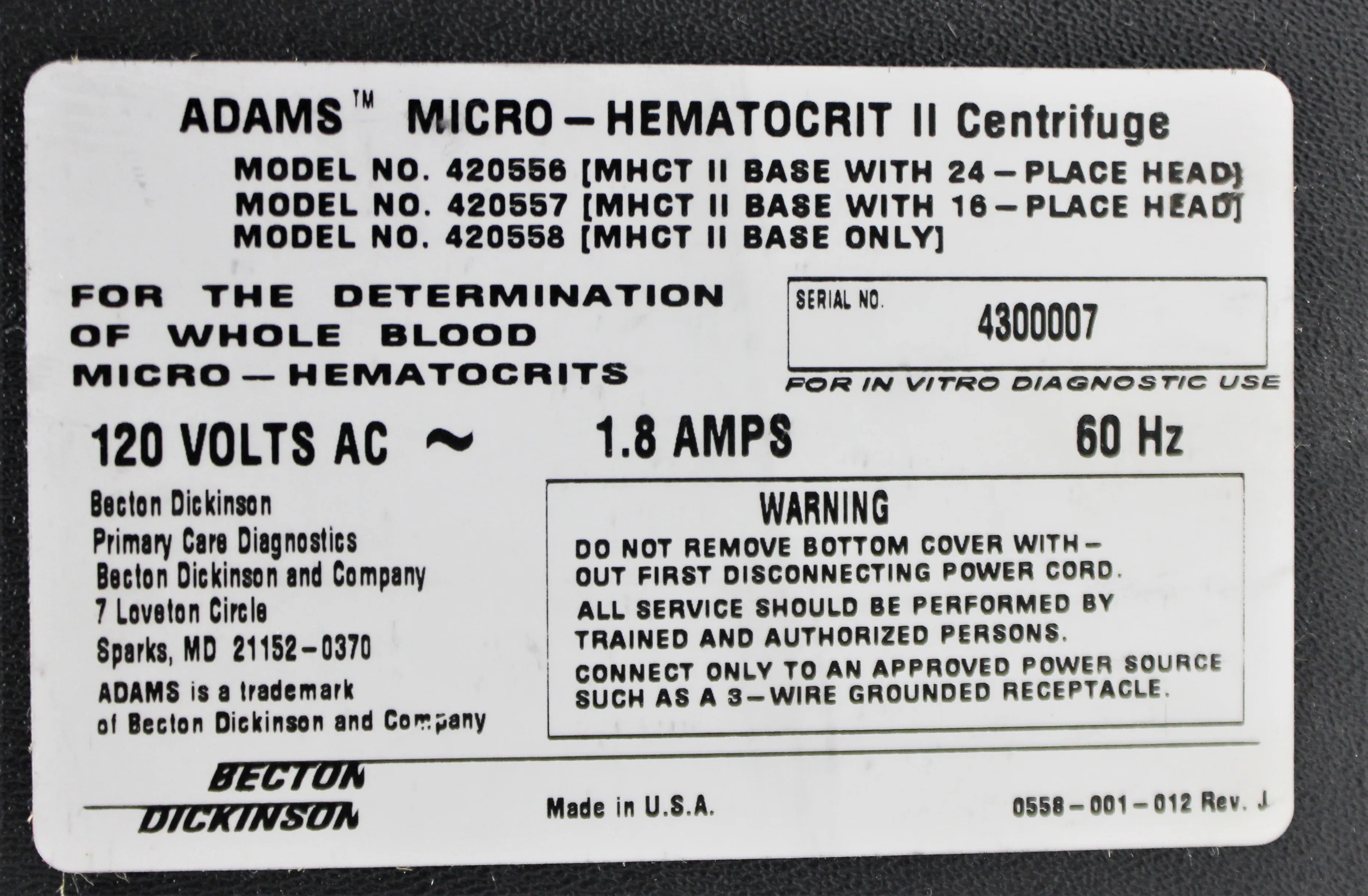 Adams MHCT II Benchtop Centrifuge - Used Lab Equipment