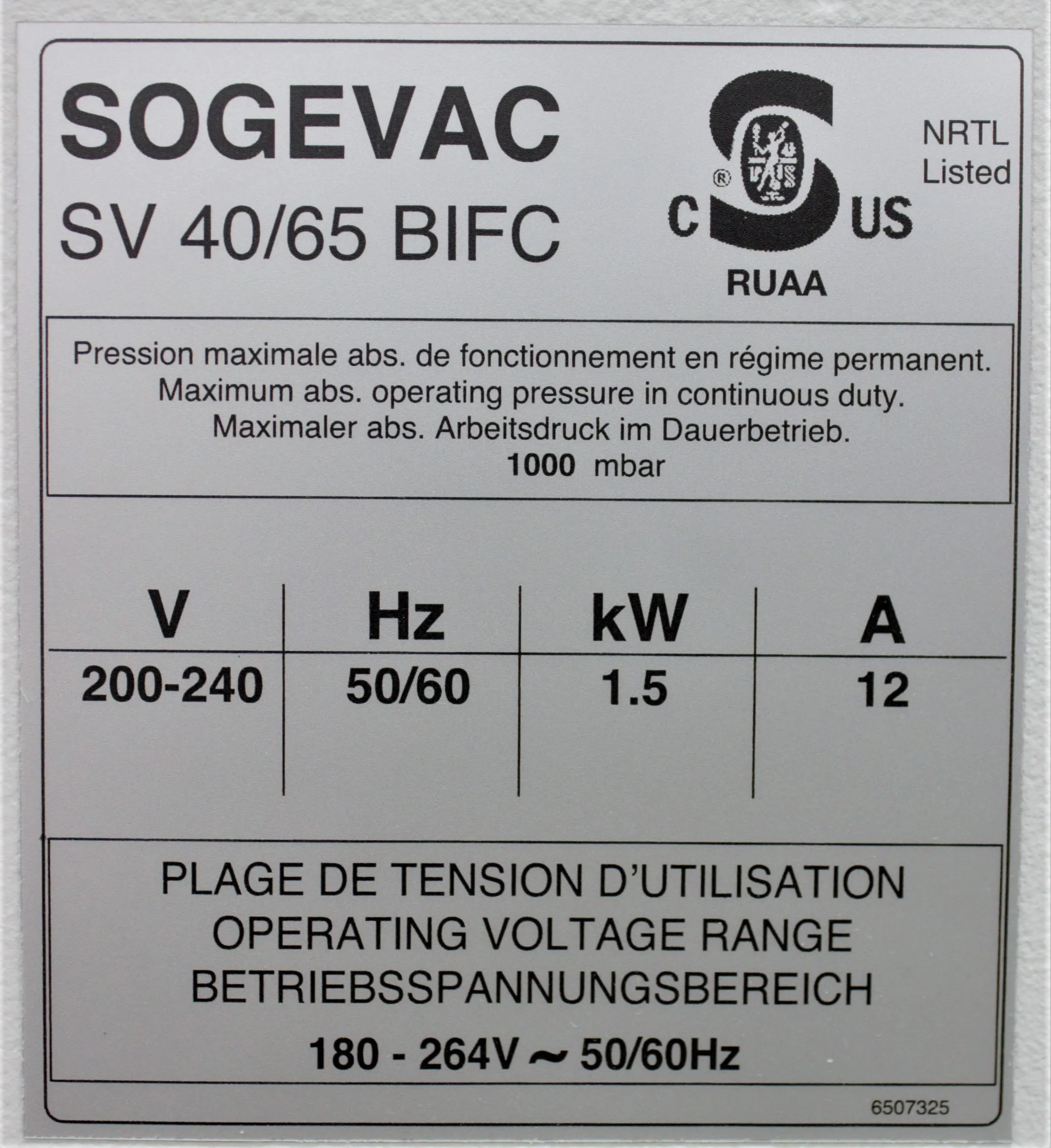 Sogevac SV40-65 BI FC Single-stage, oil-sealed rotary vane pump - Used Laboratory Vacuum Pump