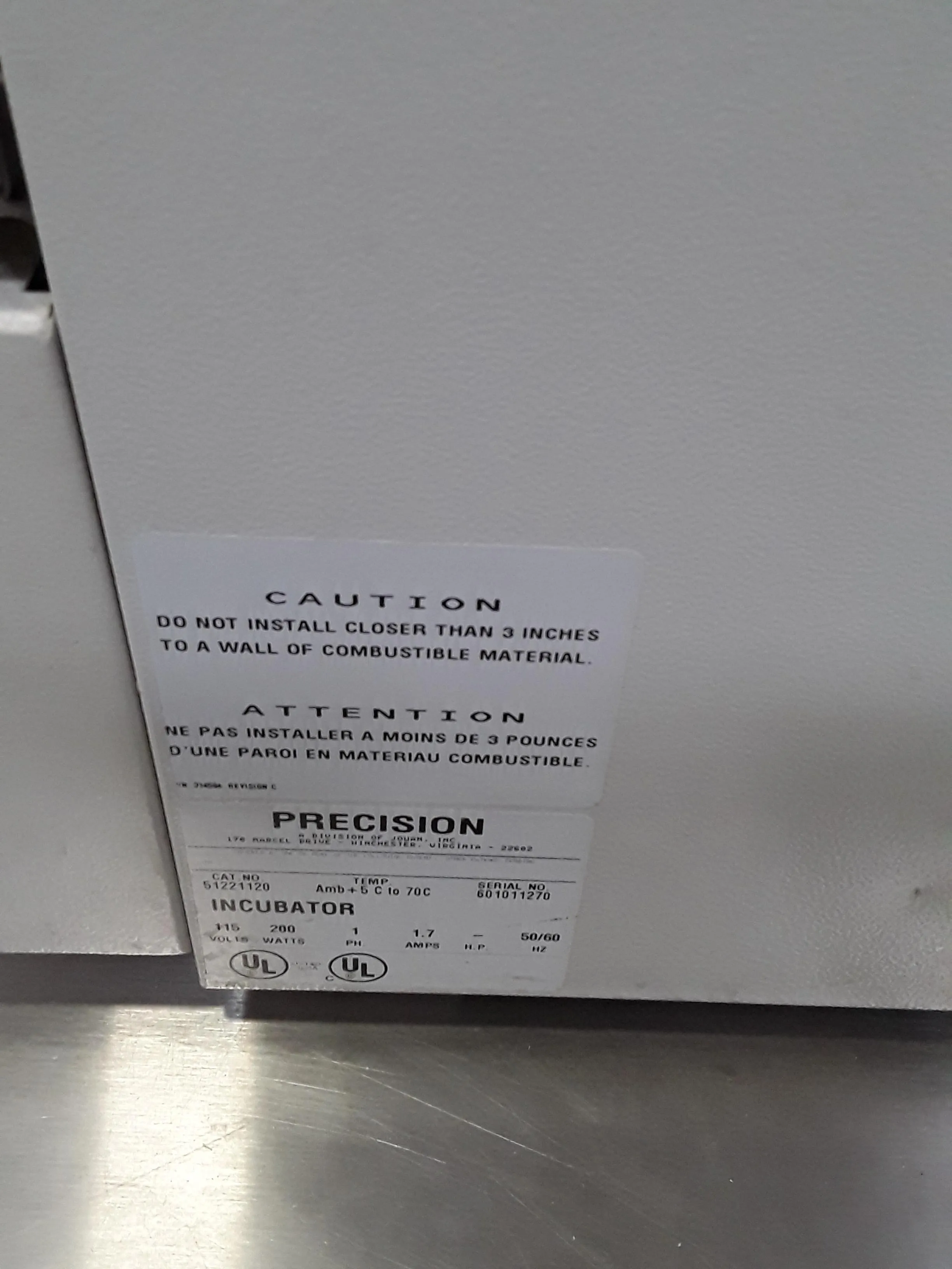 Precision Incubator No. 51221120 with Gravity-Convection - Used