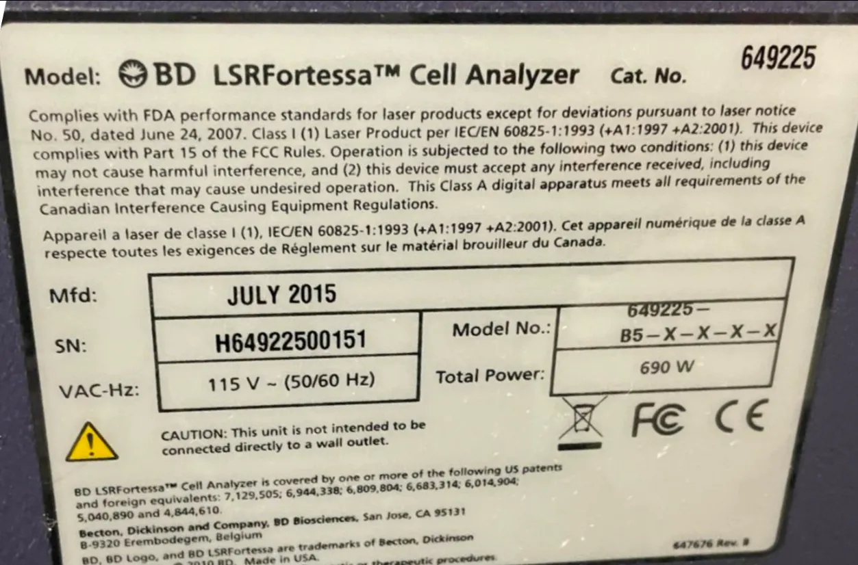 BD Biosciences LSRFortessa 3 Lasers: 5Blue/3Red/6Violet Flow Cytometer