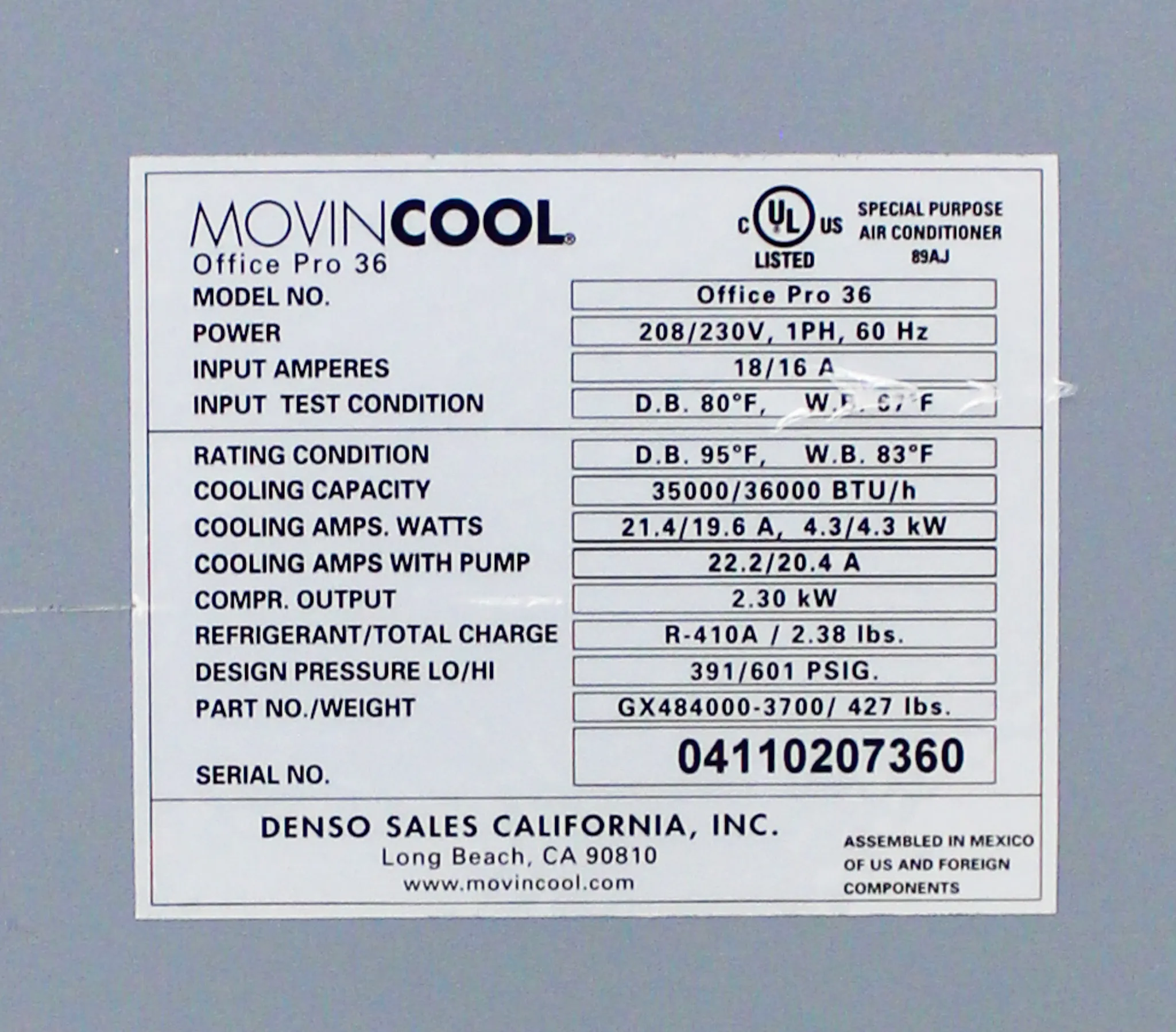 MOVINCOOL Office Pro 36 Air Conditioner 36000/BTU Portable Spot Cooler