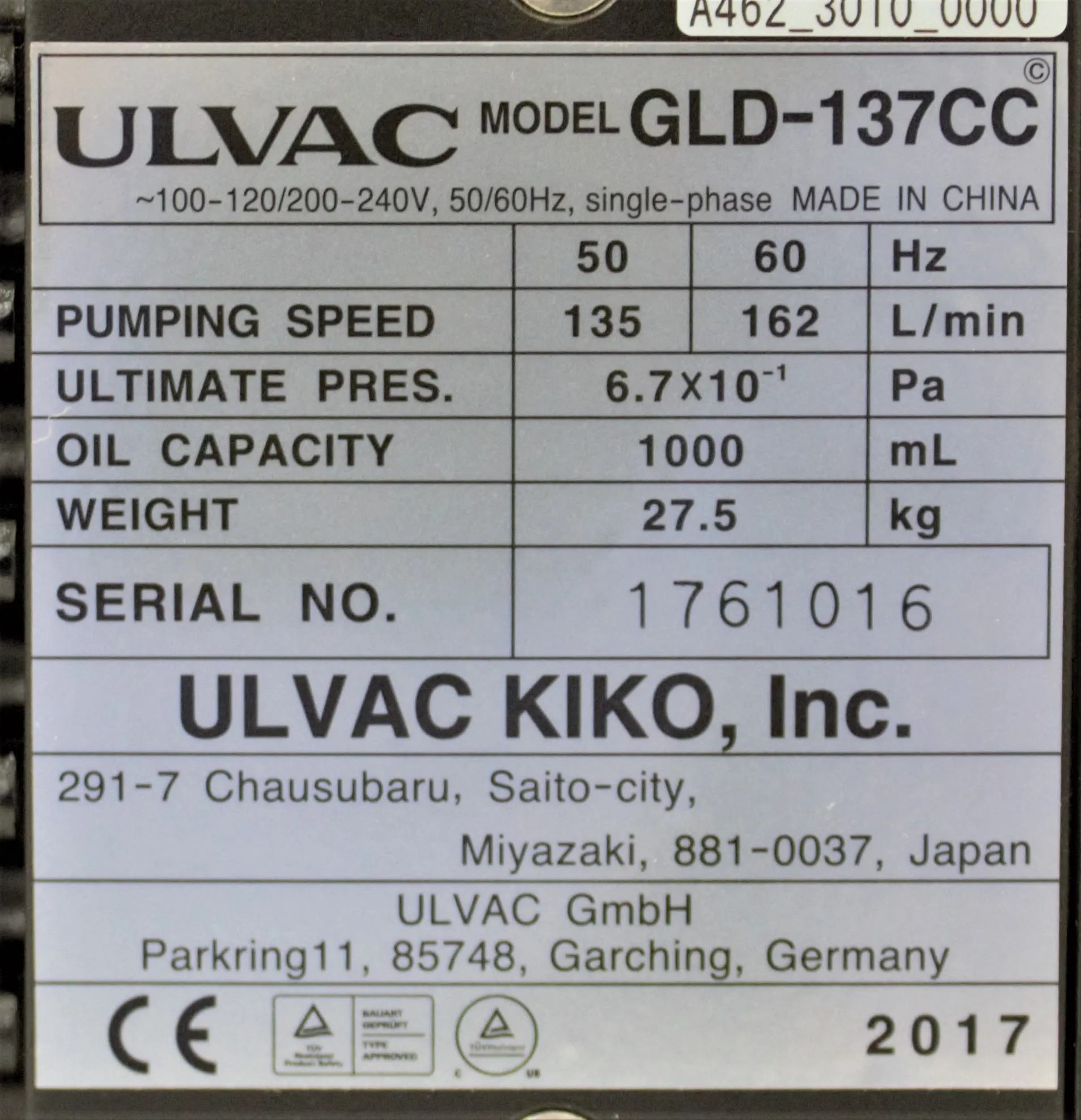 Used Ulvac GLD-137CC Vacuum Pump 50/60Hz 120V/220V 30-Day Warranty