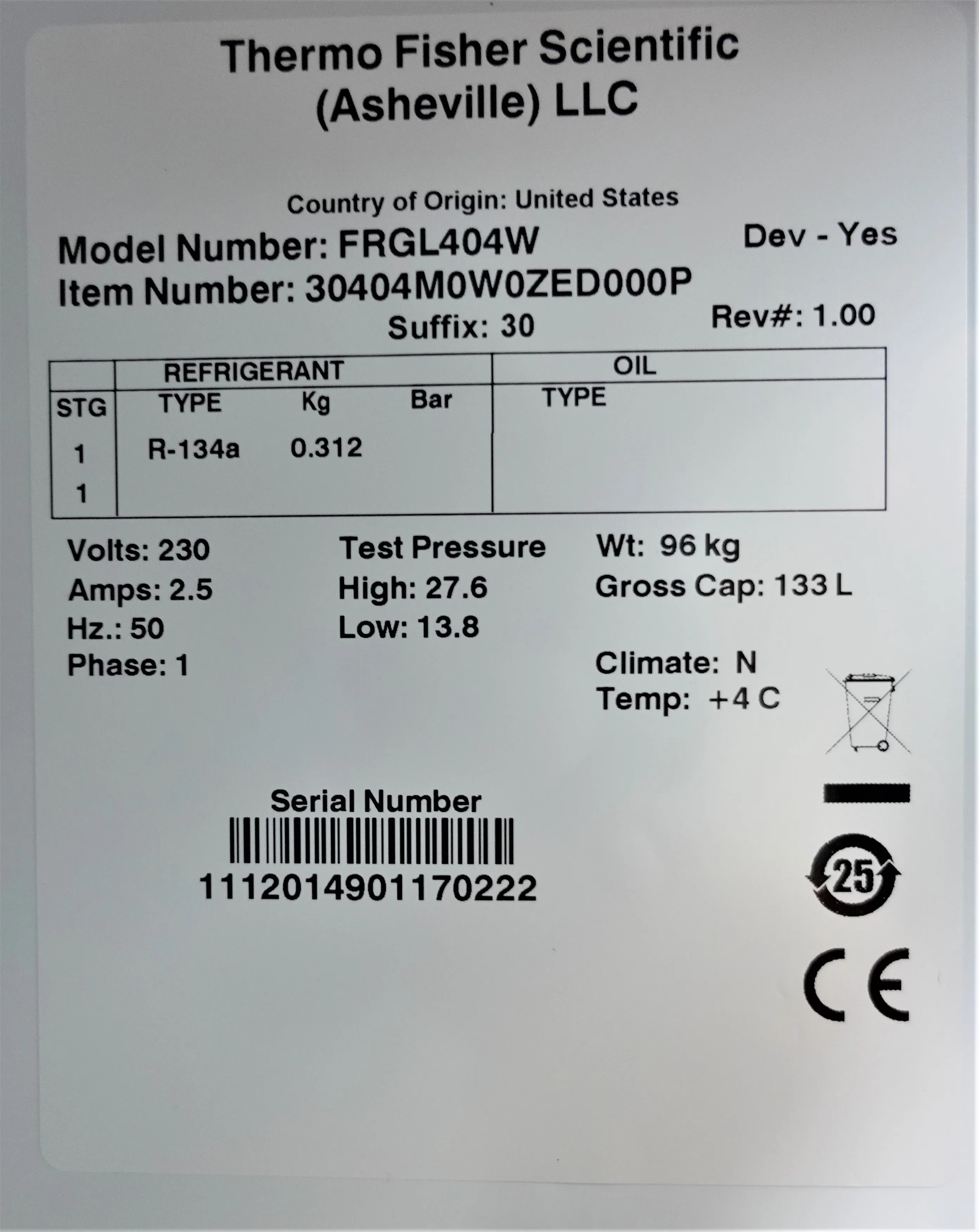 Thermo Fisher +4C Refrigerator FRGL404W FORMA - Used - British Plug - 230V, 50Hz