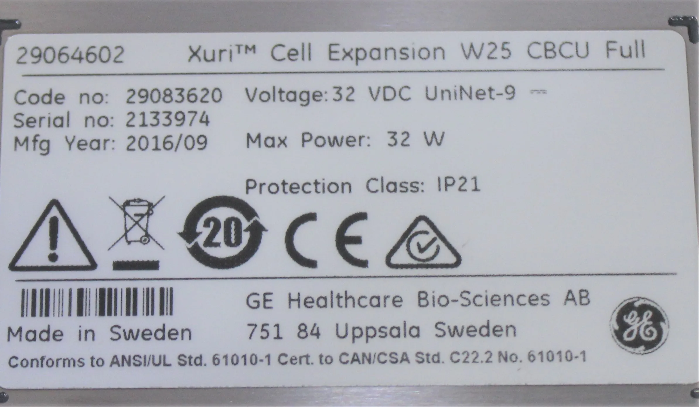 GE Healthcare Xuri W25 CBCU and Cell Expansion Pump