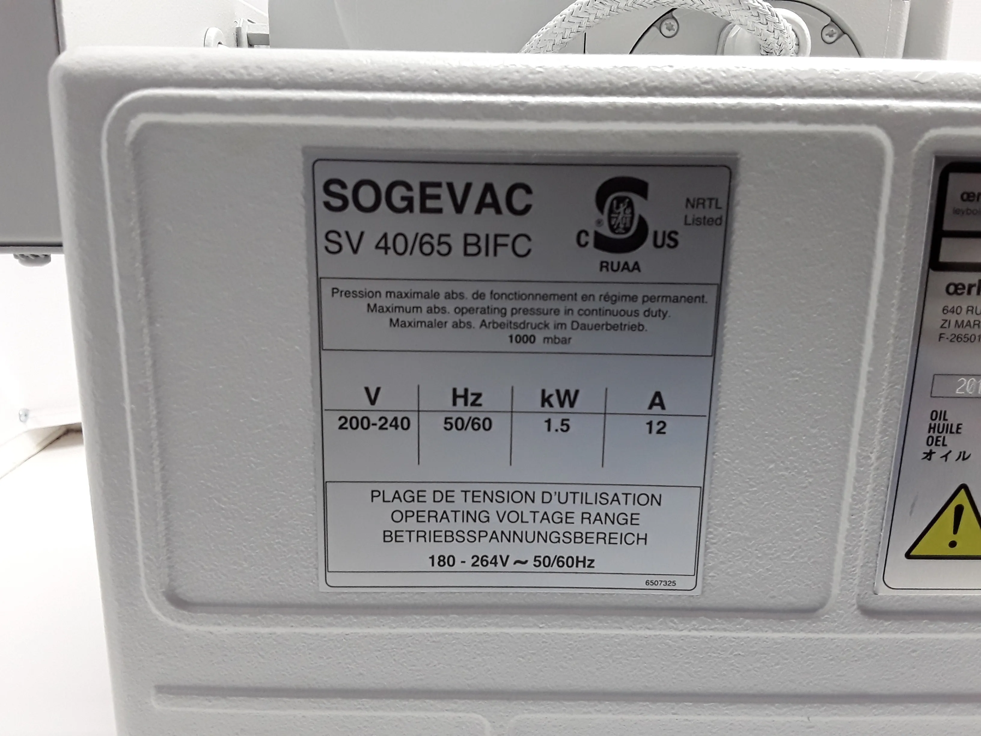 Sogevac SV65 BI FC Single Stage Oil Sealed Rotary Vane Vacuum Pump 1.1 Torr