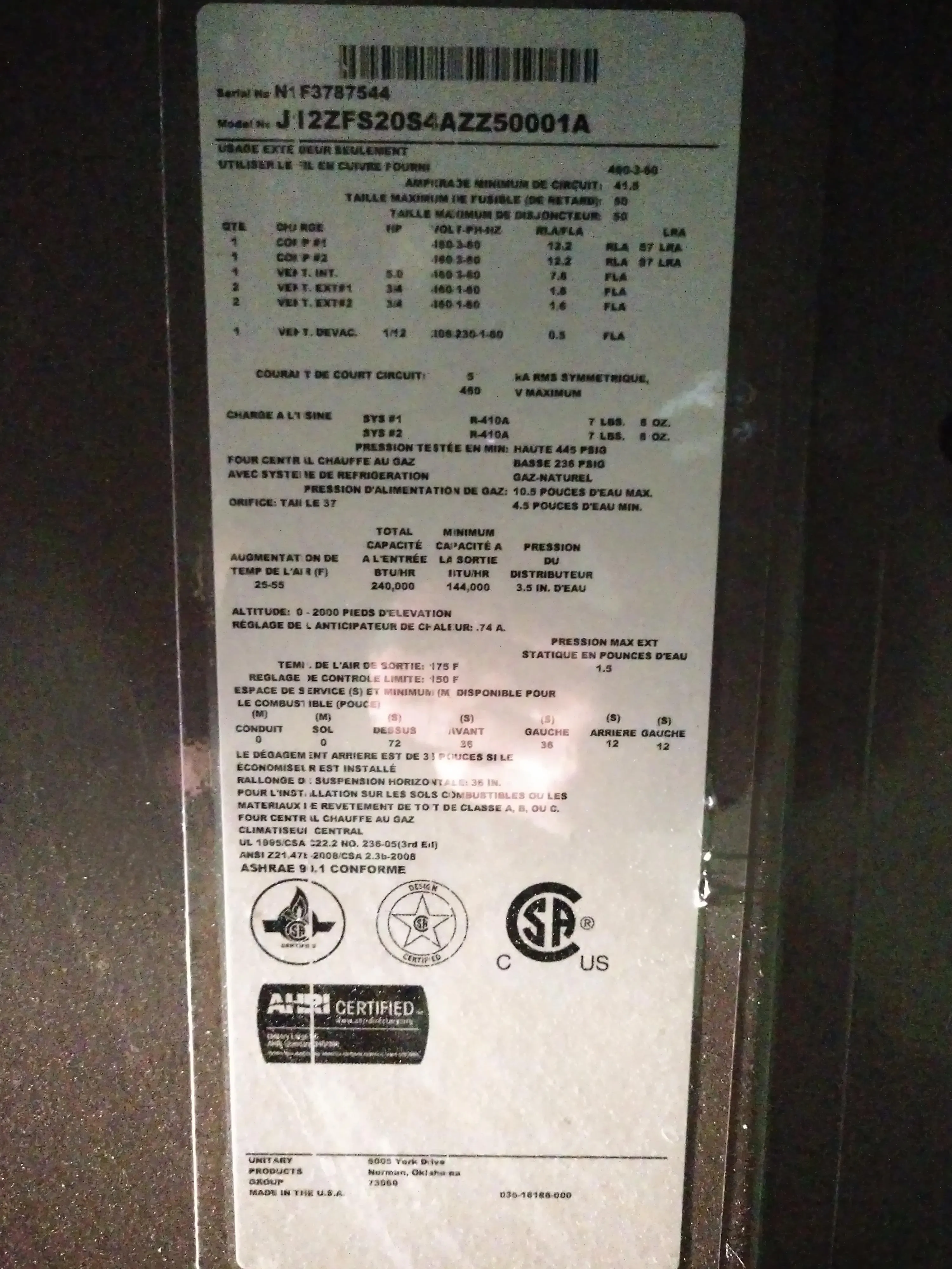 Johnson Controls Forced Air Furnace with Cooling JI2ZFS20S4AZZ50001A