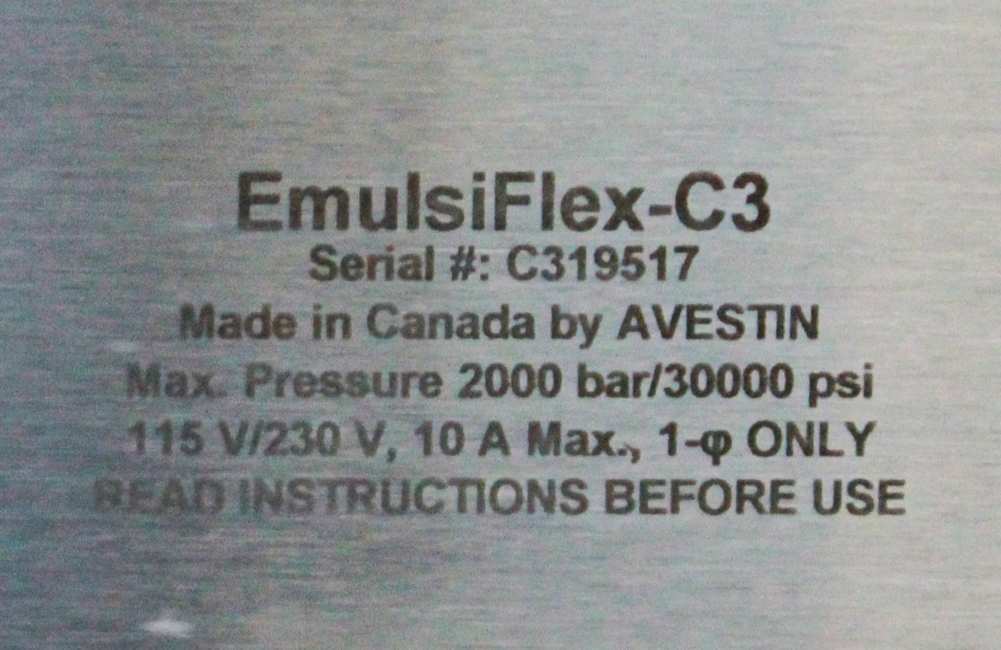 Avestin EmulsiFlex C3 High Pressure Homogenizer Laboratory Equipment 120V 50Hz/60Hz