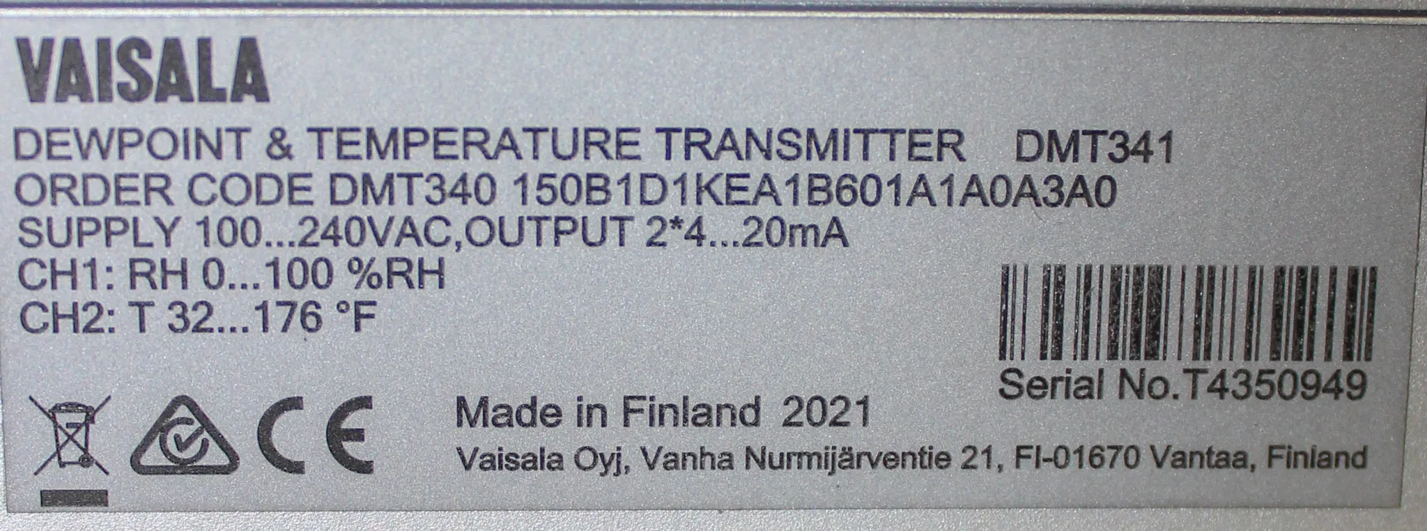 VAISALA DMT340 Dew Point and Temperature Transmitter (Display - Remote Probe)