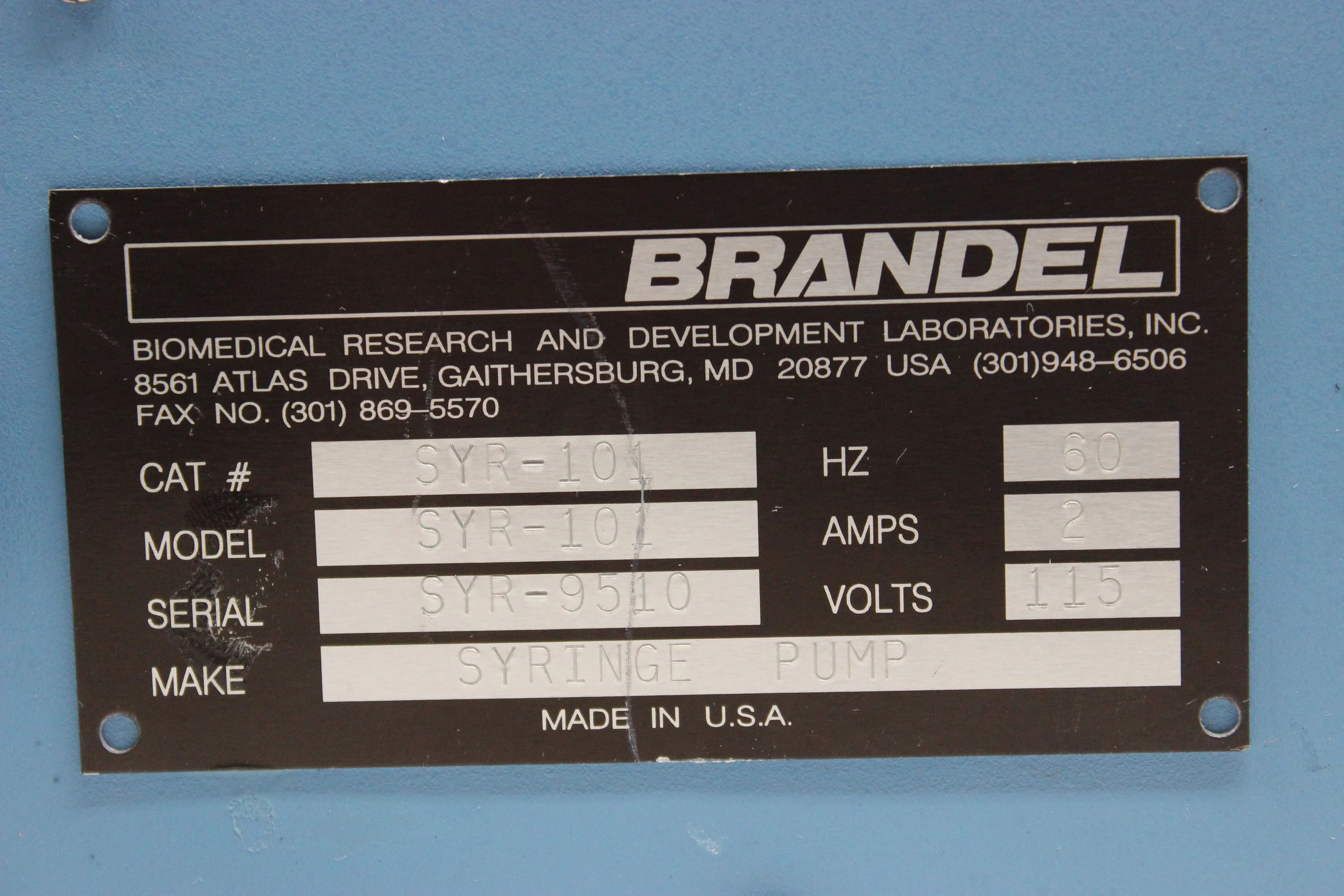 Brandel SYR-101 Syringe Pump 120V 60Hz US - R Class 3 - Service Used AS-IS