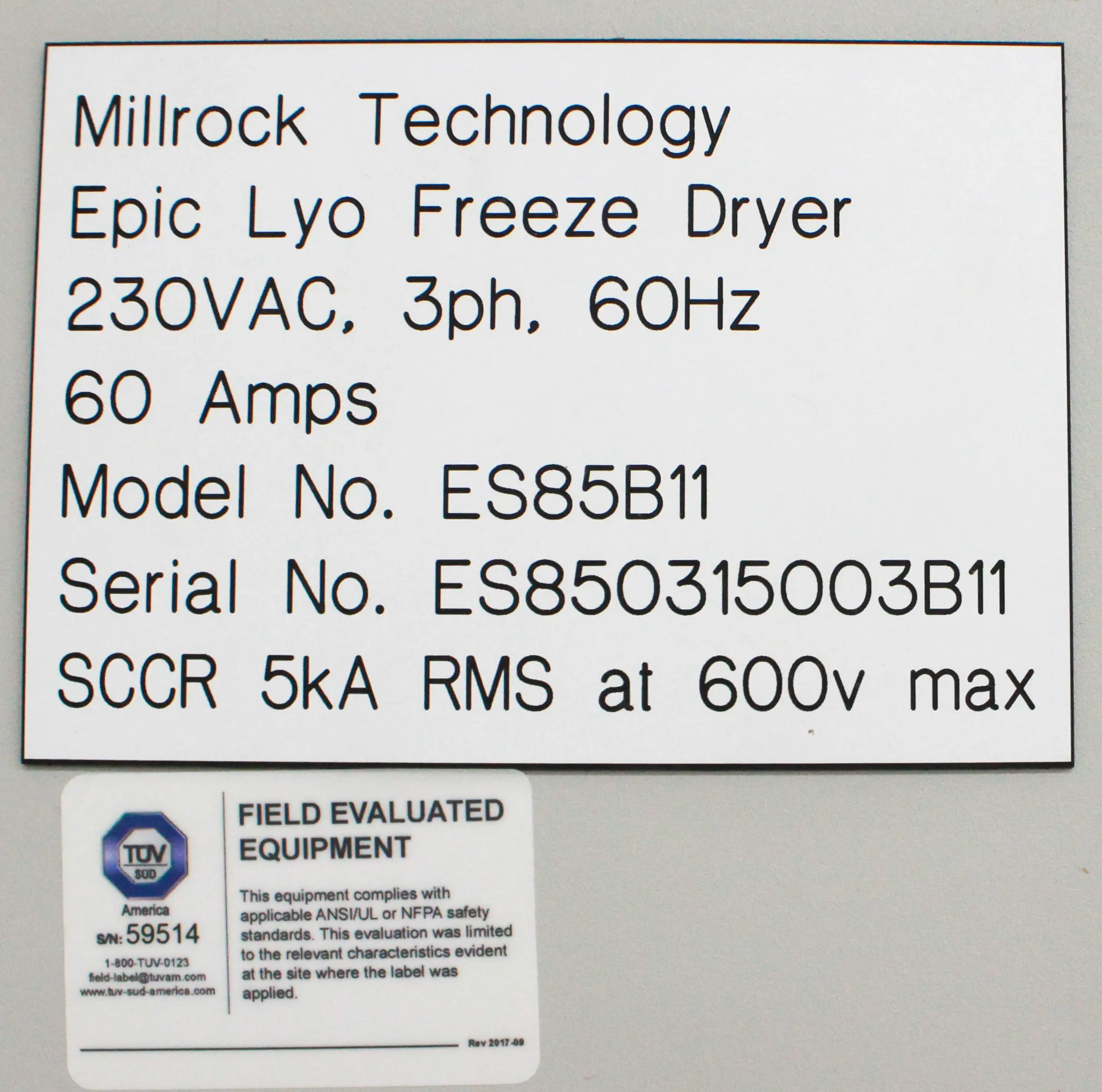 Millrock EPIC Small Production Freeze Dryer ES85B11 w/ Advantage Chiller MG4ABLA